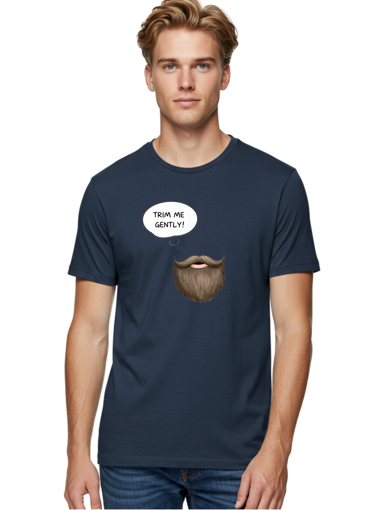 Trim-Me-Gently-2 Men'S Graphic Tee, 100% Cotton, Comfortable Casual Summer Wear, Machine Washable, Funny Cartoon Beard, Humorous Illustration, Whimsical Character, Mustache And Beard Combo, Playful Typography, Quirky Design, Bold Text, Bad863