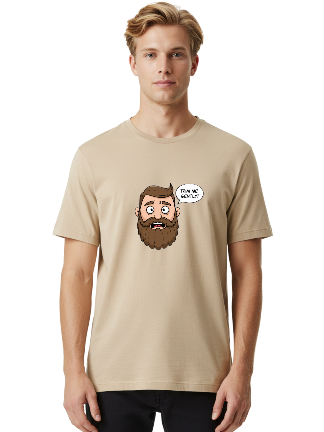 Trim-Me-Gently-3 Men'S Graphic Tee, 100% Cotton, Comfortable Casual Summer Wear, Machine Washable, Cartoon Man With Brown Hair And Beard, Worried Expression, Speech Bubble, Barber Humor, Grooming, Haircut, Men'S Grooming, Comedic Relief Bad864
