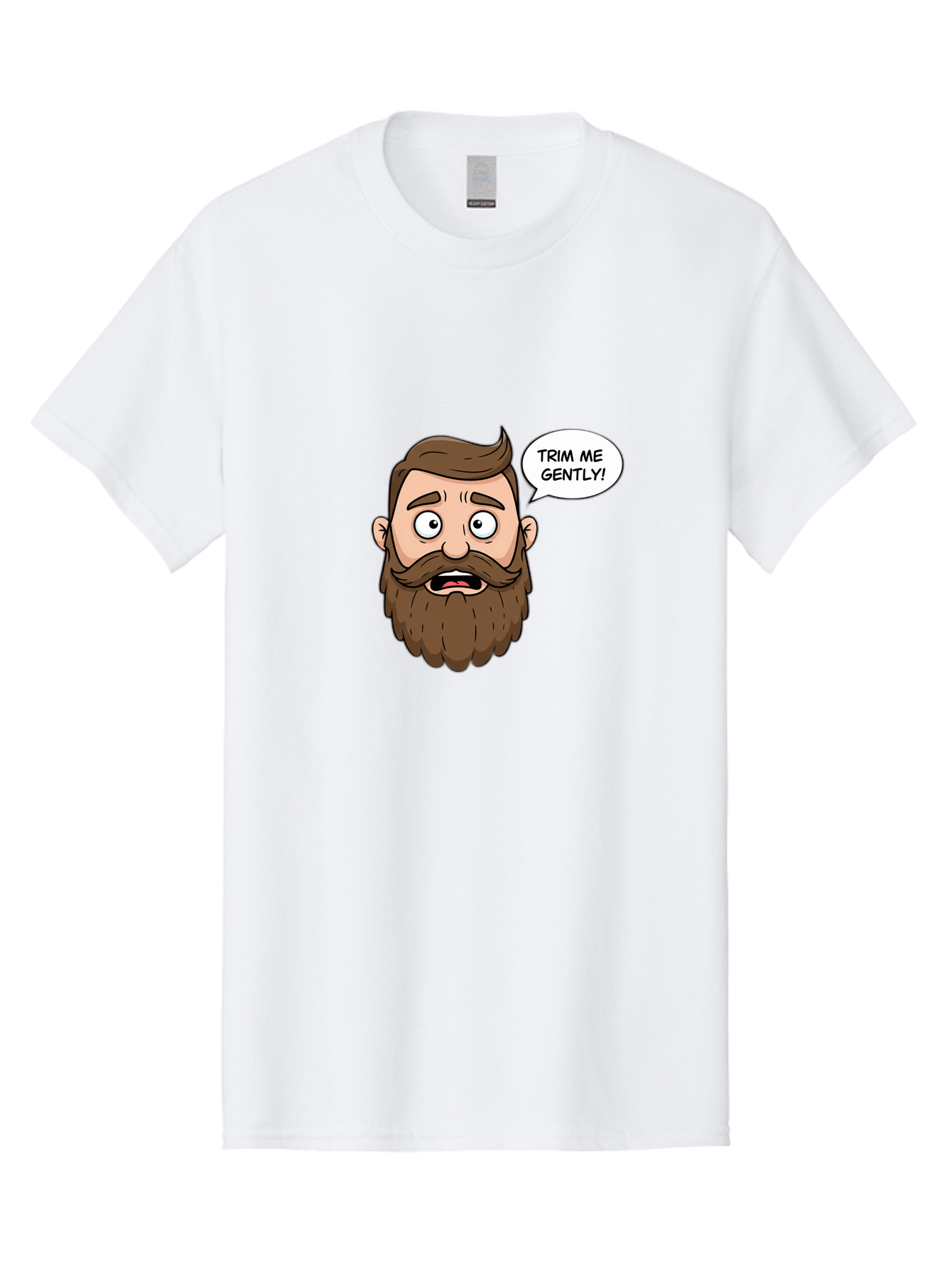 Trim-Me-Gently-3 Men'S Graphic Tee, 100% Cotton, Comfortable Casual Summer Wear, Machine Washable, Cartoon Man With Brown Hair And Beard, Worried Expression, Speech Bubble, Barber Humor, Grooming, Haircut, Men'S Grooming, Comedic Relief Bad864