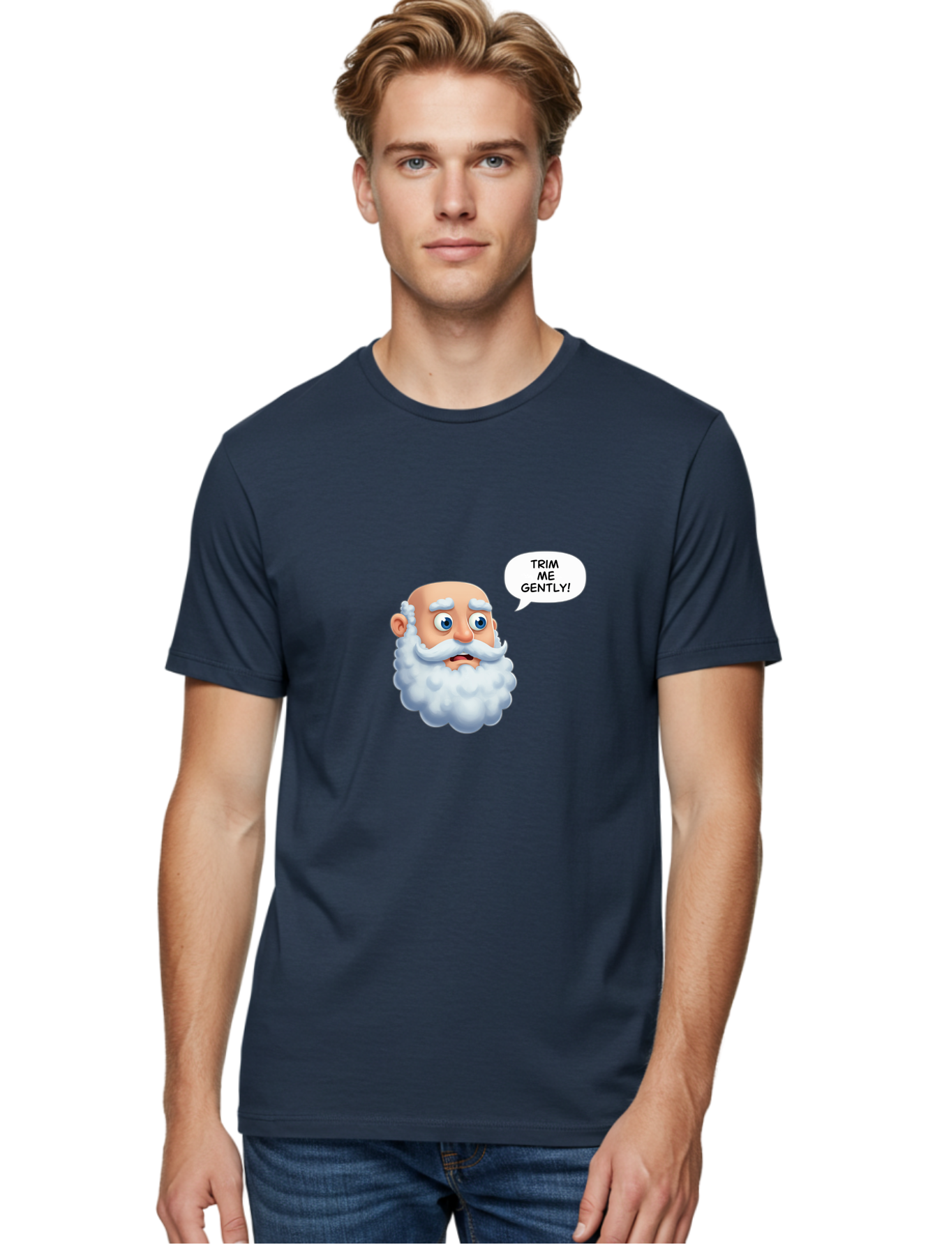 Trim-Me-Gently-4 Men'S Graphic Tee, 100% Cotton, Comfortable Casual Summer Wear, Machine Washable, Funny Cartoon Character, White Beard, Blue Eyes, Humorous Expression, Speech Bubble, Trim Me Gently, Comedic Style, Cartoon Humor, Bad865