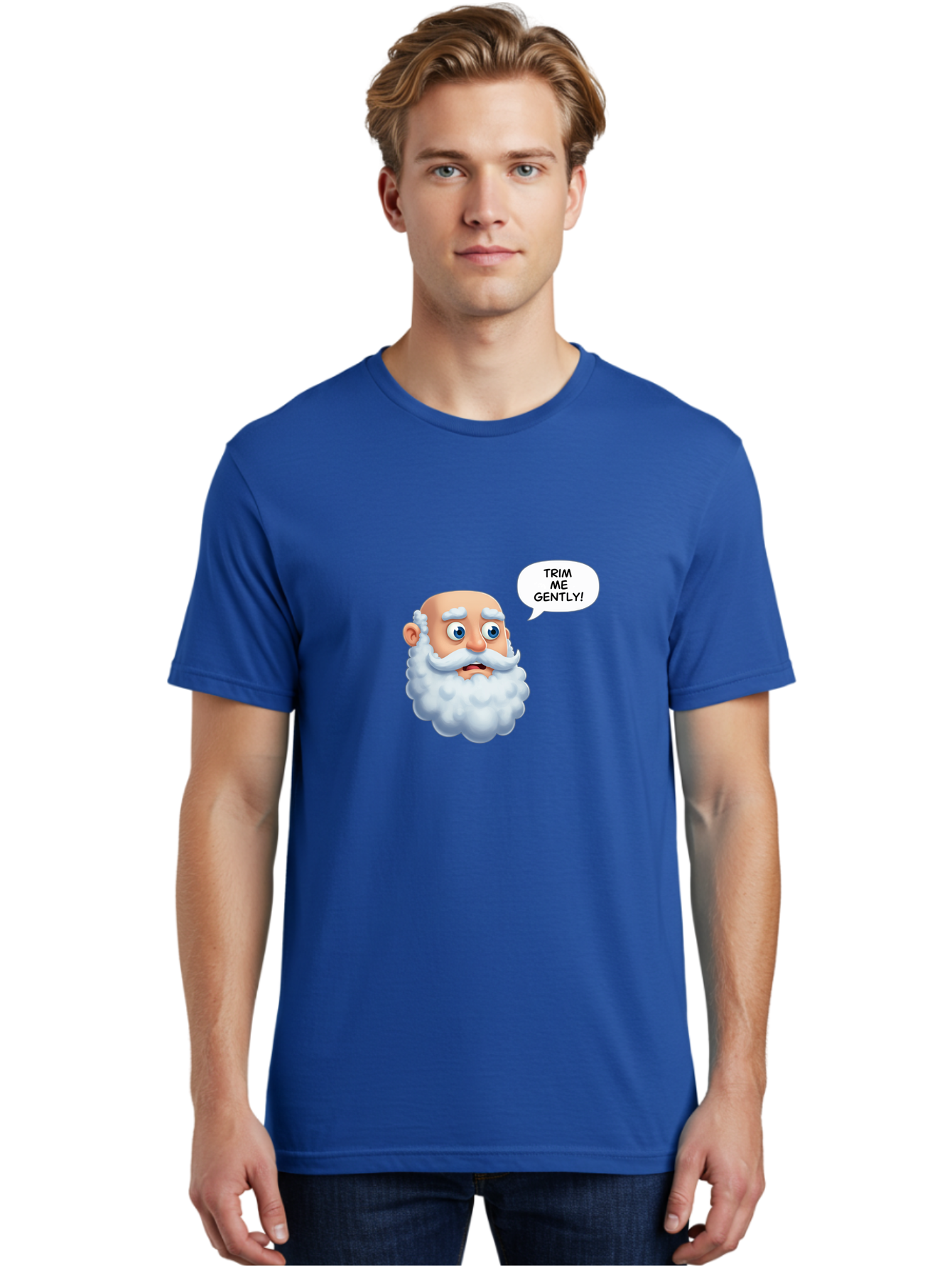 Trim-Me-Gently-4 Men'S Graphic Tee, 100% Cotton, Comfortable Casual Summer Wear, Machine Washable, Funny Cartoon Character, White Beard, Blue Eyes, Humorous Expression, Speech Bubble, Trim Me Gently, Comedic Style, Cartoon Humor, Bad865