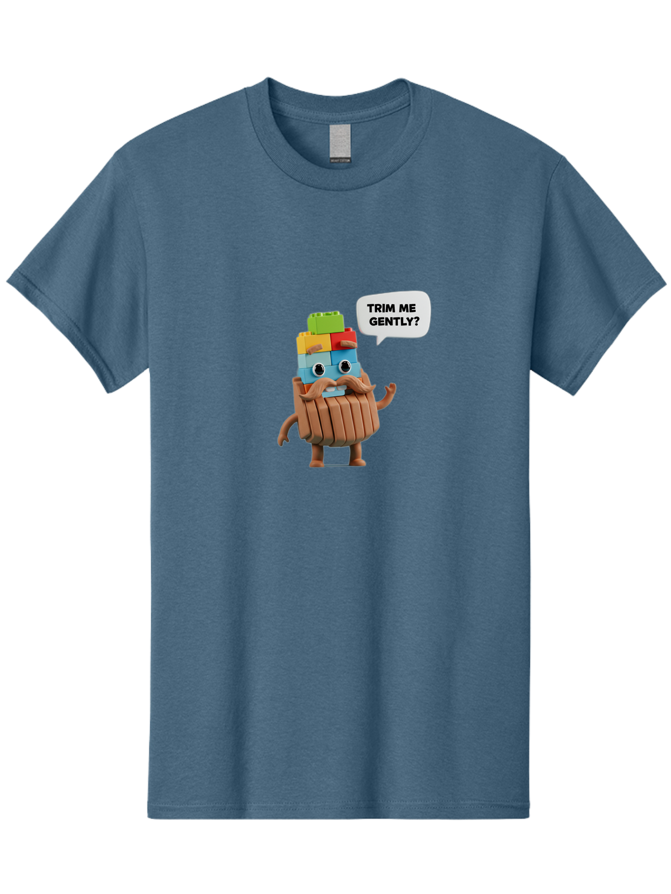 Trim-Me-Gently-5 Men'S Graphic Tee, 100% Cotton, Comfortable Casual Summer Wear, Machine Washable, Funny Character, Lego Figure, Cartoon Style, Humorous Mustache, Comedic Expression, Quirky Personality, Playful Design, Building Blocks, Bad866