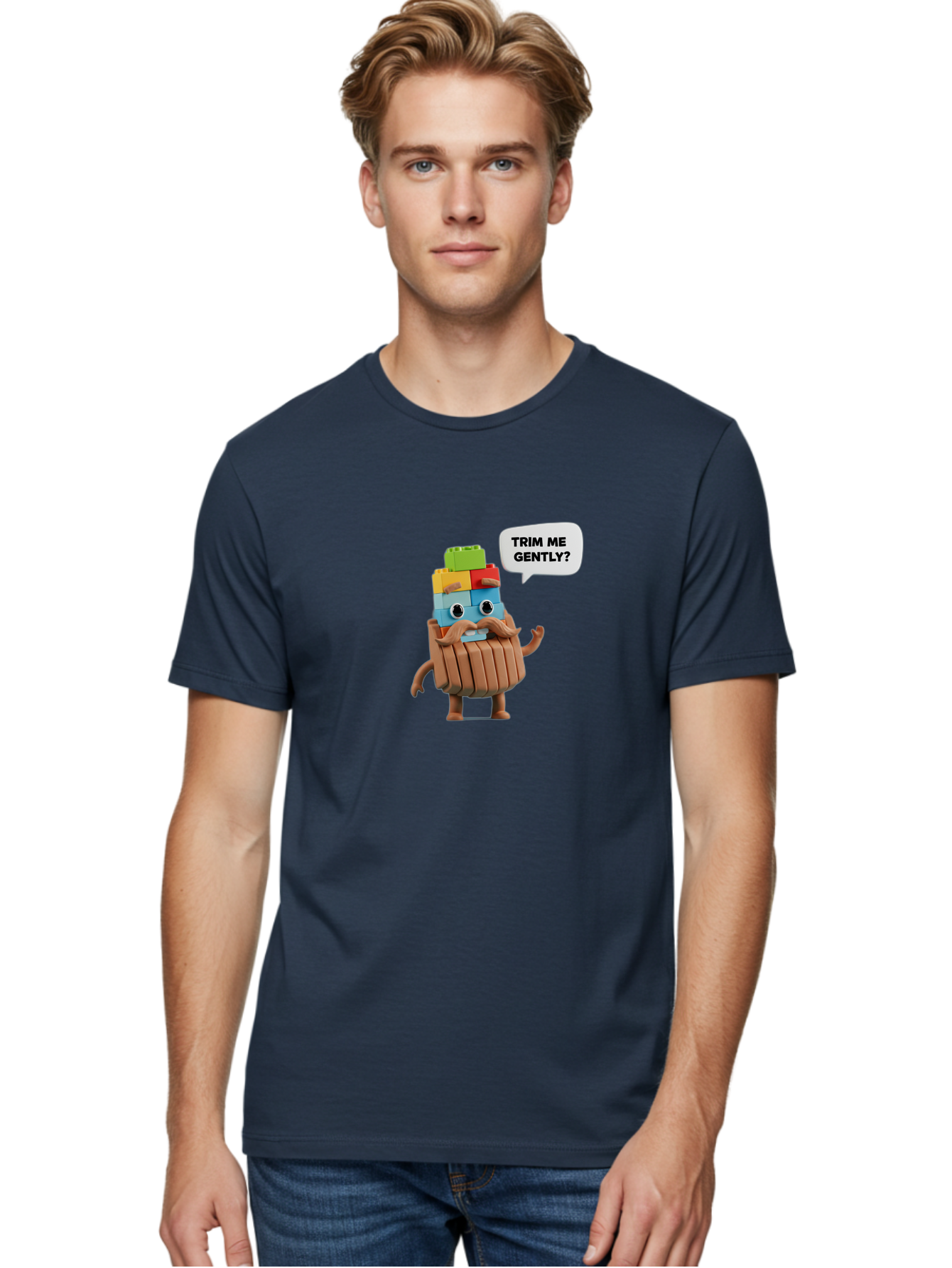 Trim-Me-Gently-5 Men'S Graphic Tee, 100% Cotton, Comfortable Casual Summer Wear, Machine Washable, Funny Character, Lego Figure, Cartoon Style, Humorous Mustache, Comedic Expression, Quirky Personality, Playful Design, Building Blocks, Bad866