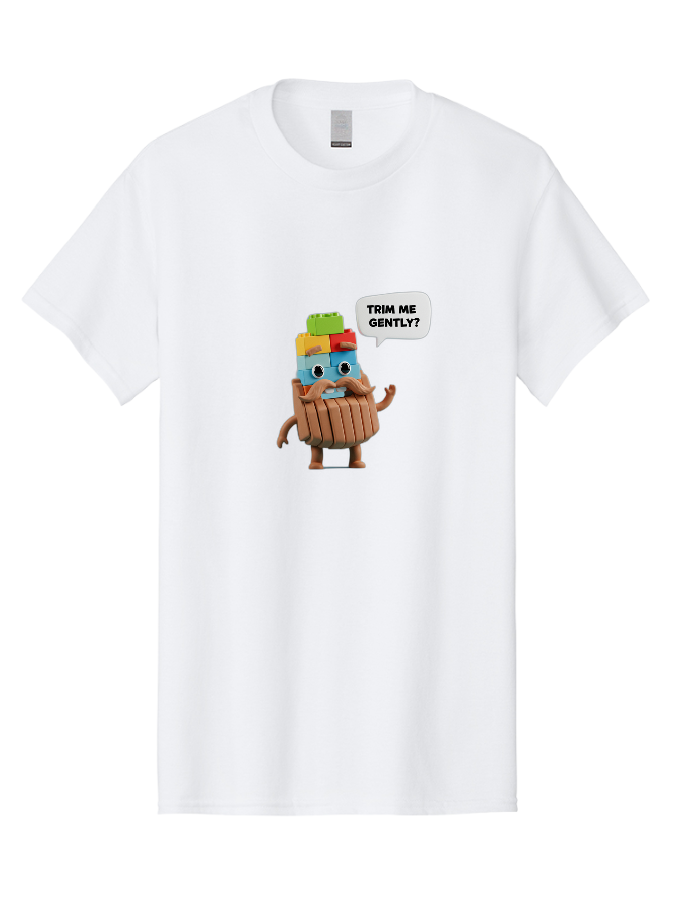 Trim-Me-Gently-5 Men'S Graphic Tee, 100% Cotton, Comfortable Casual Summer Wear, Machine Washable, Funny Character, Lego Figure, Cartoon Style, Humorous Mustache, Comedic Expression, Quirky Personality, Playful Design, Building Blocks, Bad866