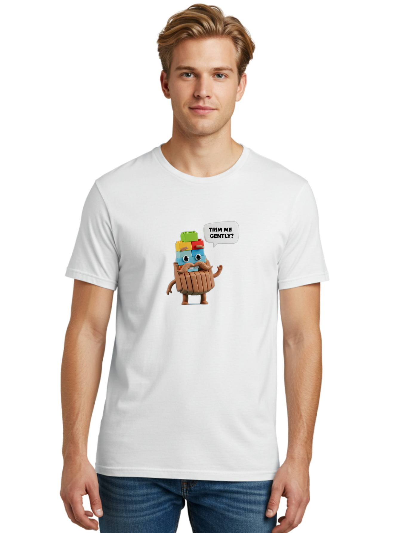 Trim-Me-Gently-5 Men'S Graphic Tee, 100% Cotton, Comfortable Casual Summer Wear, Machine Washable, Funny Character, Lego Figure, Cartoon Style, Humorous Mustache, Comedic Expression, Quirky Personality, Playful Design, Building Blocks, Bad866