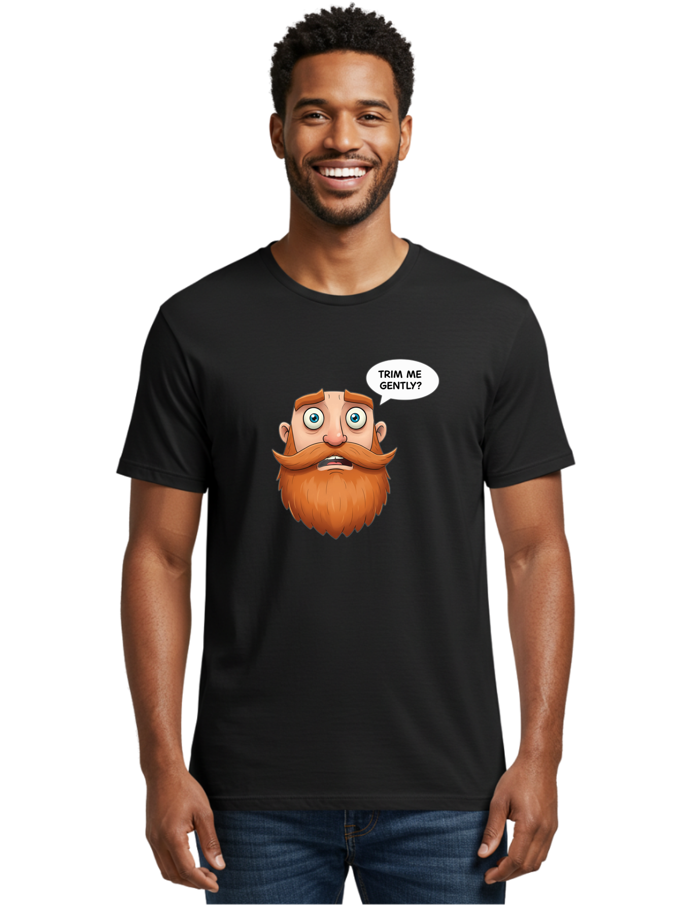 Trim-Me-Gently Men'S Graphic Tee, 100% Cotton, Comfortable Casual Summer Wear, Machine Washable, Cartoon Man With Large Beard, Funny Character, Humorous Illustration, Comedic Expression, Mustache And Beard, Gentle Trim Request, Cartoon Style, Bad867