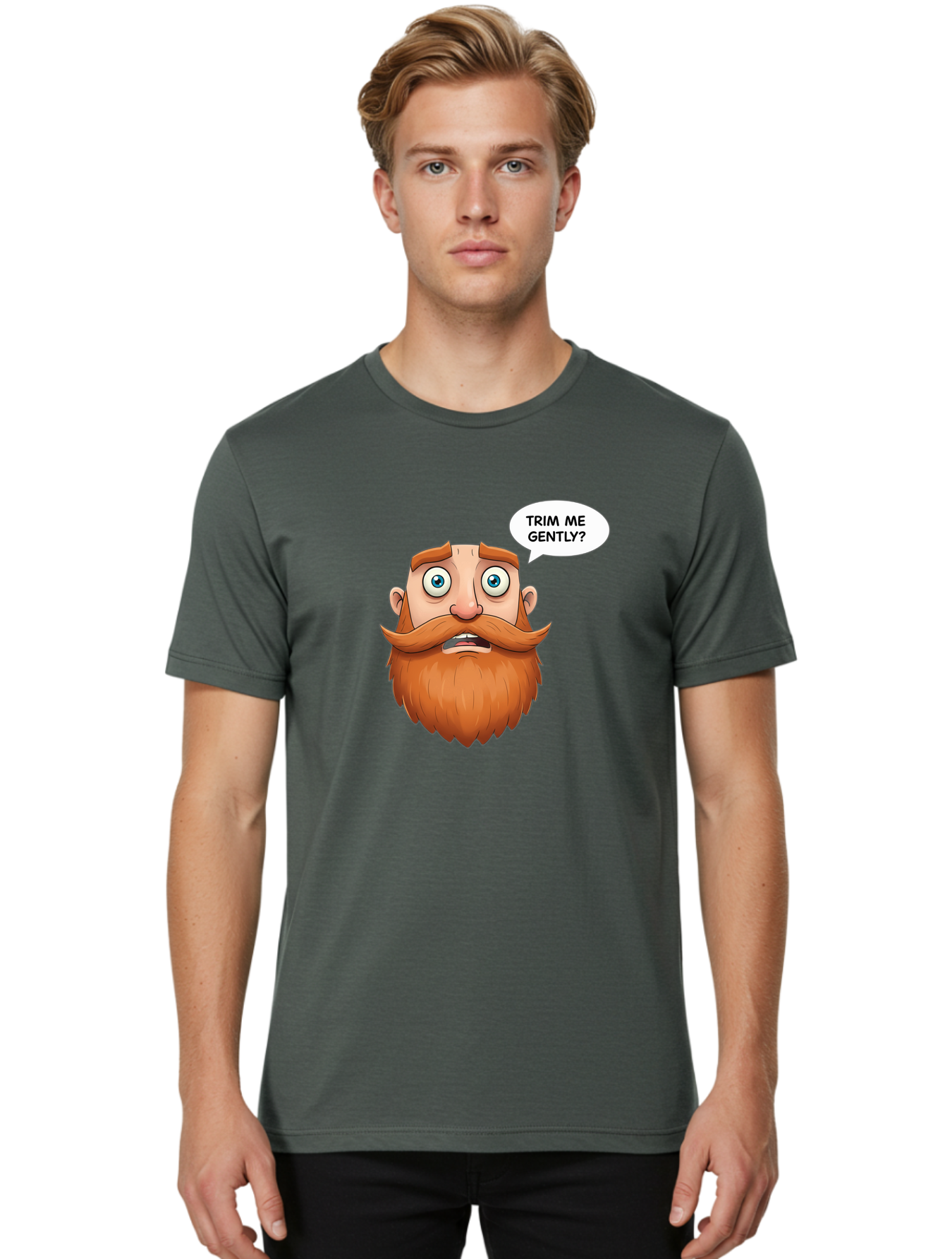 Trim-Me-Gently Men'S Graphic Tee, 100% Cotton, Comfortable Casual Summer Wear, Machine Washable, Cartoon Man With Large Beard, Funny Character, Humorous Illustration, Comedic Expression, Mustache And Beard, Gentle Trim Request, Cartoon Style, Bad867