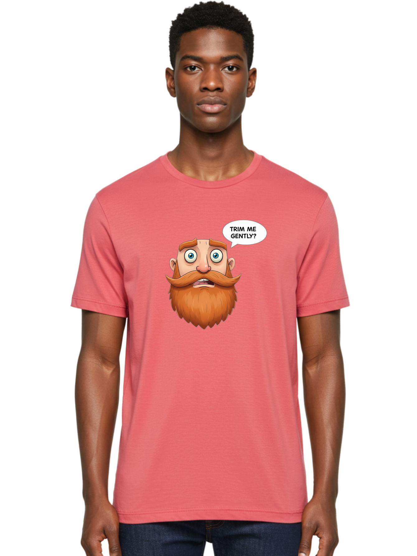 Trim-Me-Gently Men'S Graphic Tee, 100% Cotton, Comfortable Casual Summer Wear, Machine Washable, Cartoon Man With Large Beard, Funny Character, Humorous Illustration, Comedic Expression, Mustache And Beard, Gentle Trim Request, Cartoon Style, Bad867