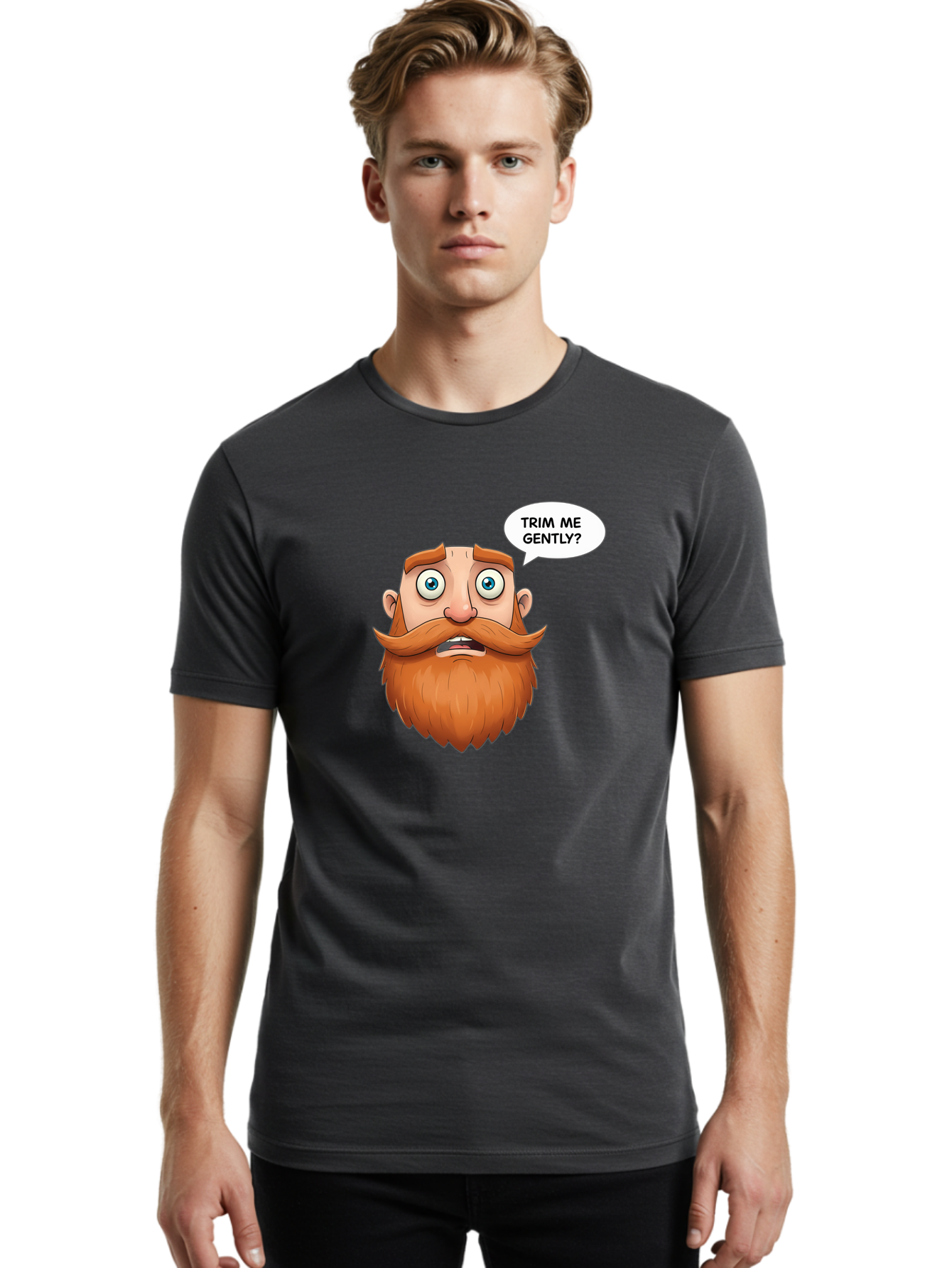 Trim-Me-Gently Men'S Graphic Tee, 100% Cotton, Comfortable Casual Summer Wear, Machine Washable, Cartoon Man With Large Beard, Funny Character, Humorous Illustration, Comedic Expression, Mustache And Beard, Gentle Trim Request, Cartoon Style, Bad867
