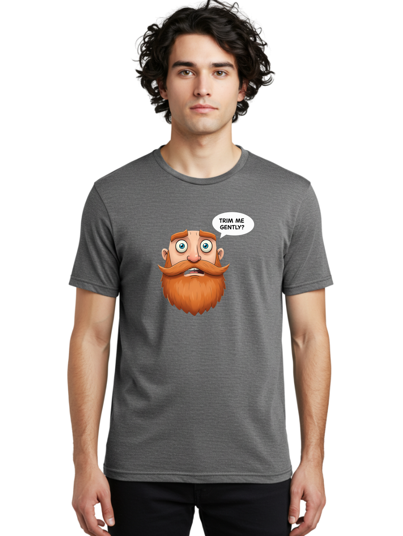 Trim-Me-Gently Men'S Graphic Tee, 100% Cotton, Comfortable Casual Summer Wear, Machine Washable, Cartoon Man With Large Beard, Funny Character, Humorous Illustration, Comedic Expression, Mustache And Beard, Gentle Trim Request, Cartoon Style, Bad867