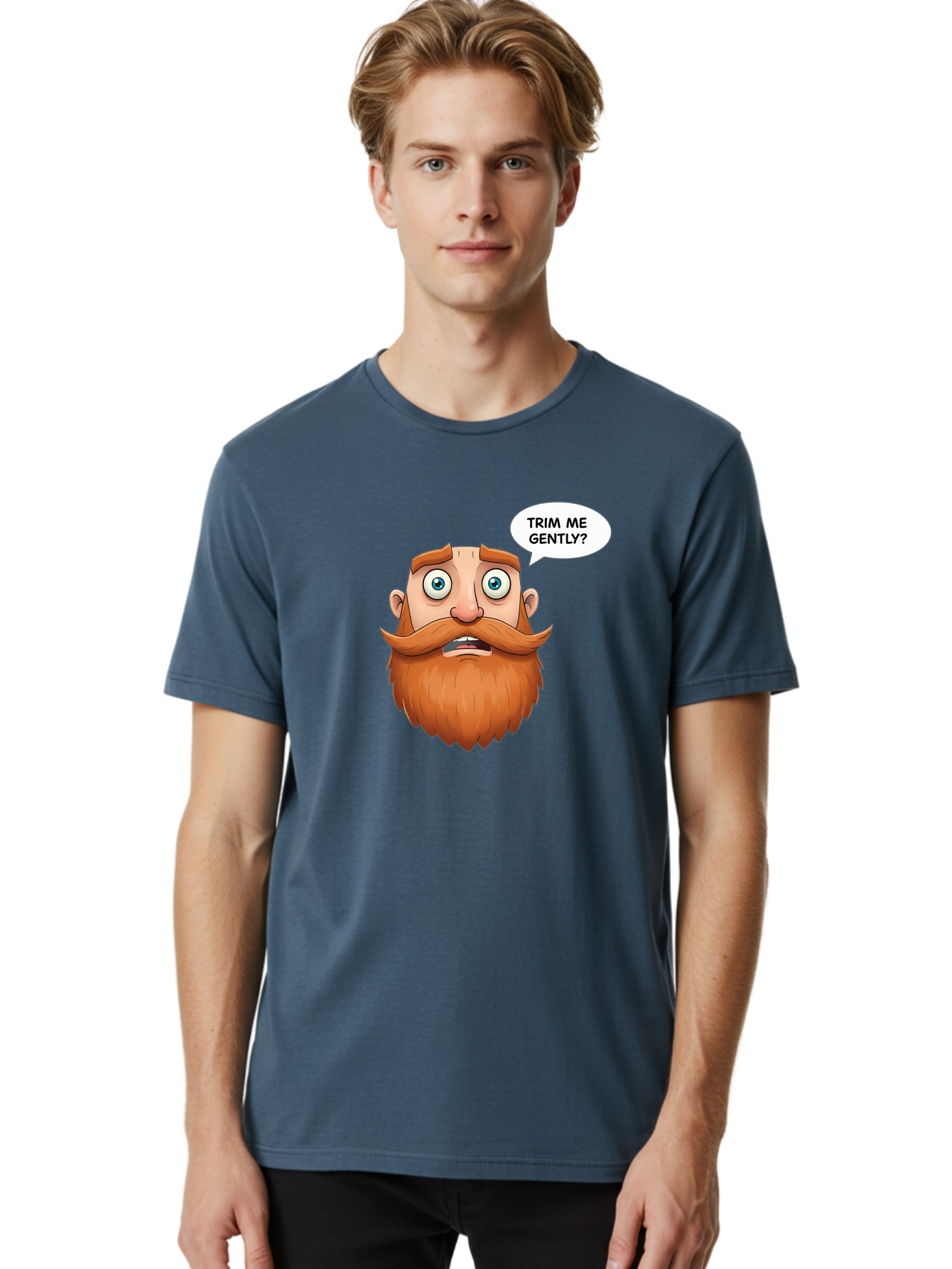 Trim-Me-Gently Men'S Graphic Tee, 100% Cotton, Comfortable Casual Summer Wear, Machine Washable, Cartoon Man With Large Beard, Funny Character, Humorous Illustration, Comedic Expression, Mustache And Beard, Gentle Trim Request, Cartoon Style, Bad867