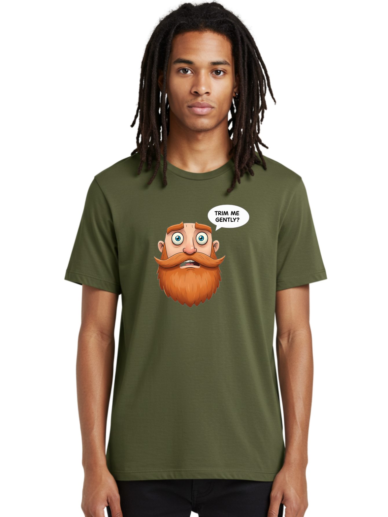 Trim-Me-Gently Men'S Graphic Tee, 100% Cotton, Comfortable Casual Summer Wear, Machine Washable, Cartoon Man With Large Beard, Funny Character, Humorous Illustration, Comedic Expression, Mustache And Beard, Gentle Trim Request, Cartoon Style, Bad867