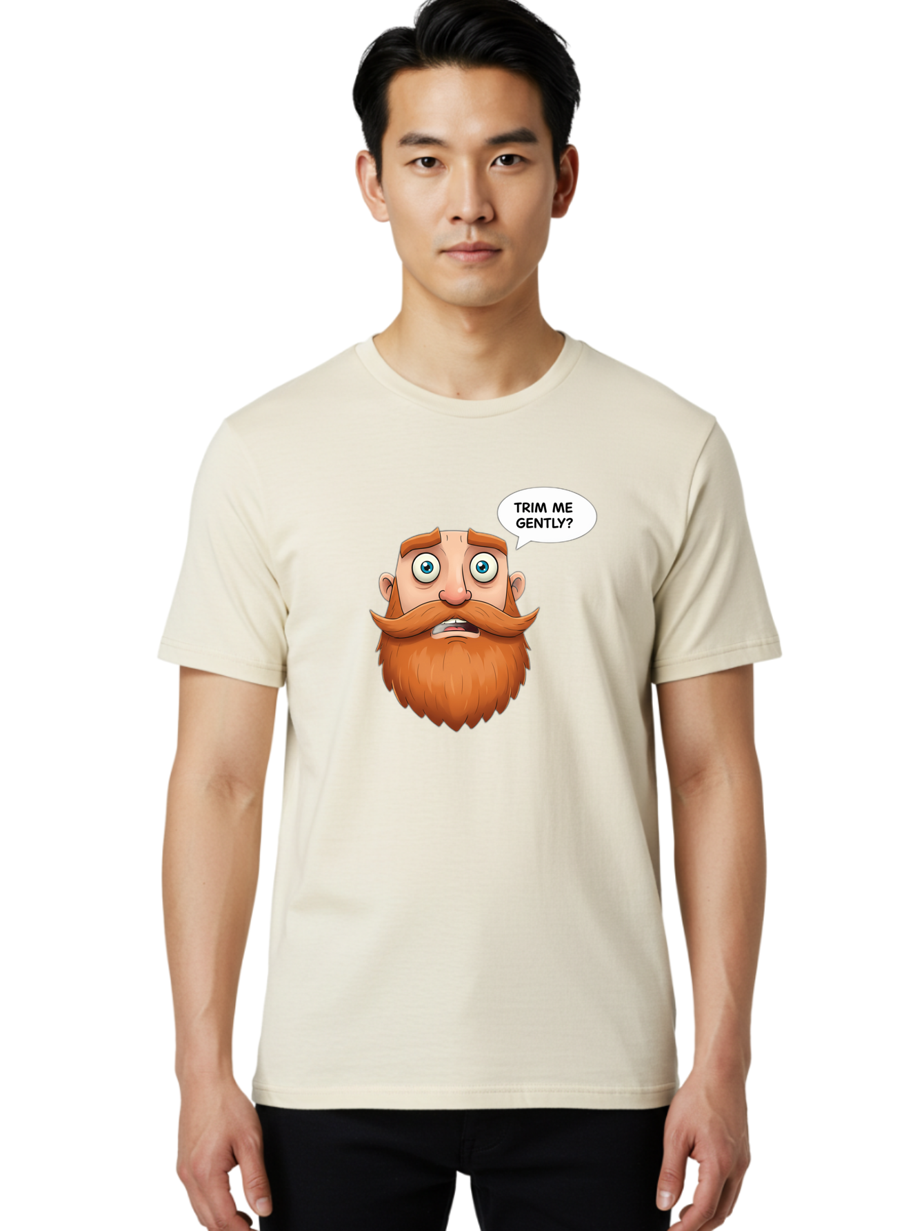 Trim-Me-Gently Men'S Graphic Tee, 100% Cotton, Comfortable Casual Summer Wear, Machine Washable, Cartoon Man With Large Beard, Funny Character, Humorous Illustration, Comedic Expression, Mustache And Beard, Gentle Trim Request, Cartoon Style, Bad867