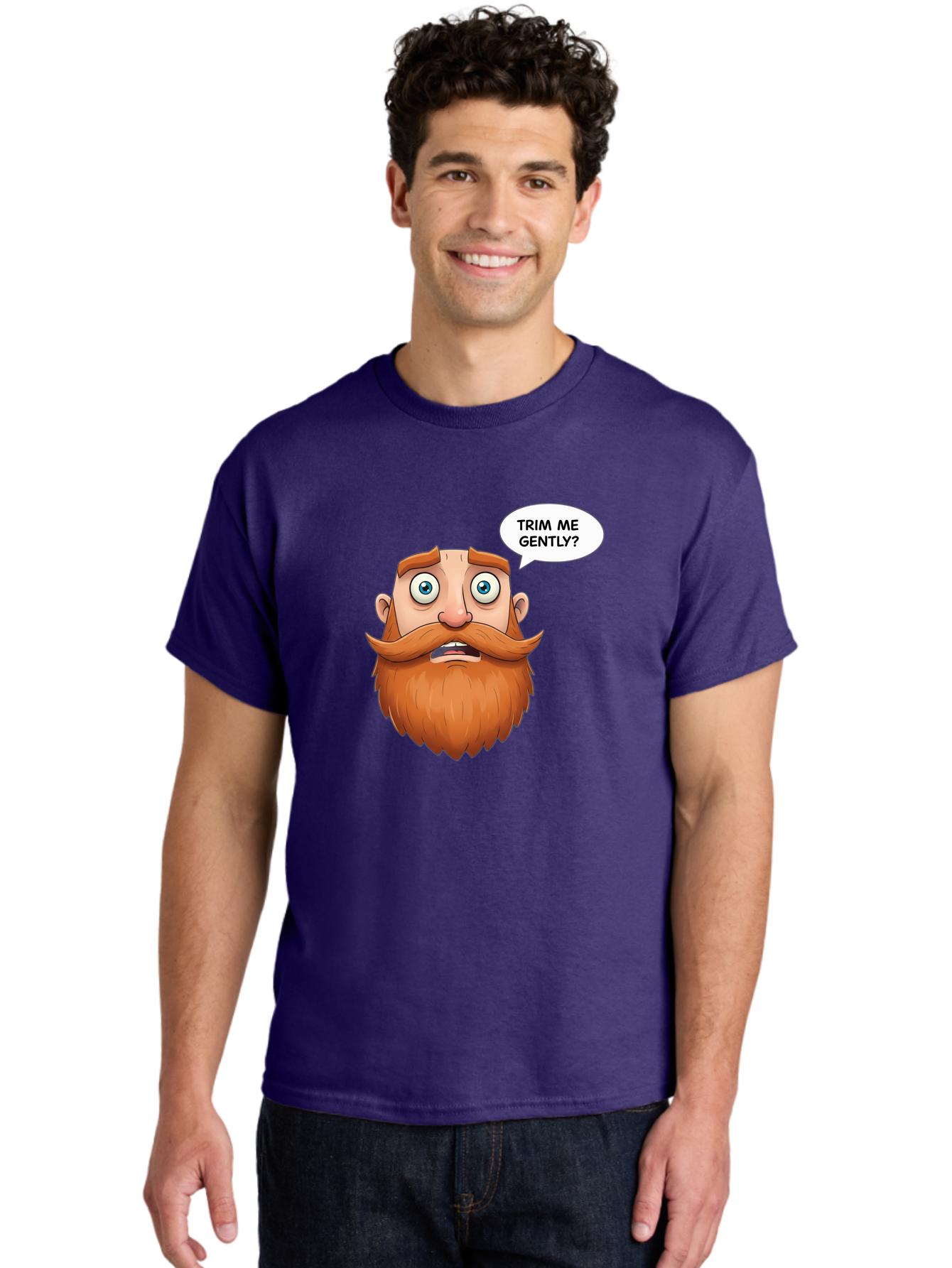 Trim-Me-Gently Men'S Graphic Tee, 100% Cotton, Comfortable Casual Summer Wear, Machine Washable, Cartoon Man With Large Beard, Funny Character, Humorous Illustration, Comedic Expression, Mustache And Beard, Gentle Trim Request, Cartoon Style, Bad867