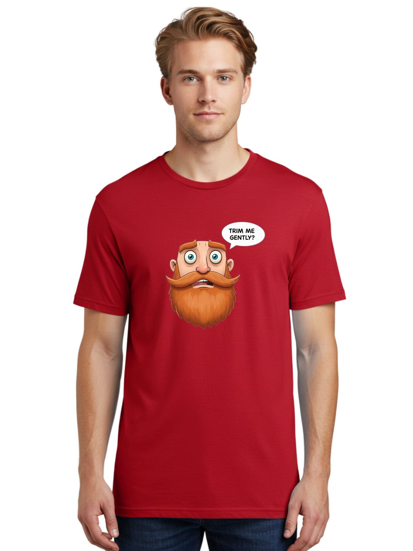 Trim-Me-Gently Men'S Graphic Tee, 100% Cotton, Comfortable Casual Summer Wear, Machine Washable, Cartoon Man With Large Beard, Funny Character, Humorous Illustration, Comedic Expression, Mustache And Beard, Gentle Trim Request, Cartoon Style, Bad867
