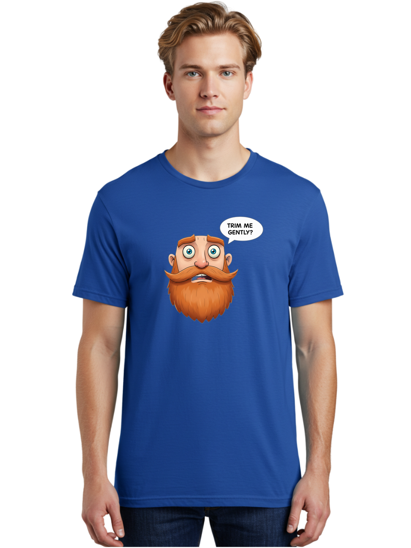 Trim-Me-Gently Men'S Graphic Tee, 100% Cotton, Comfortable Casual Summer Wear, Machine Washable, Cartoon Man With Large Beard, Funny Character, Humorous Illustration, Comedic Expression, Mustache And Beard, Gentle Trim Request, Cartoon Style, Bad867