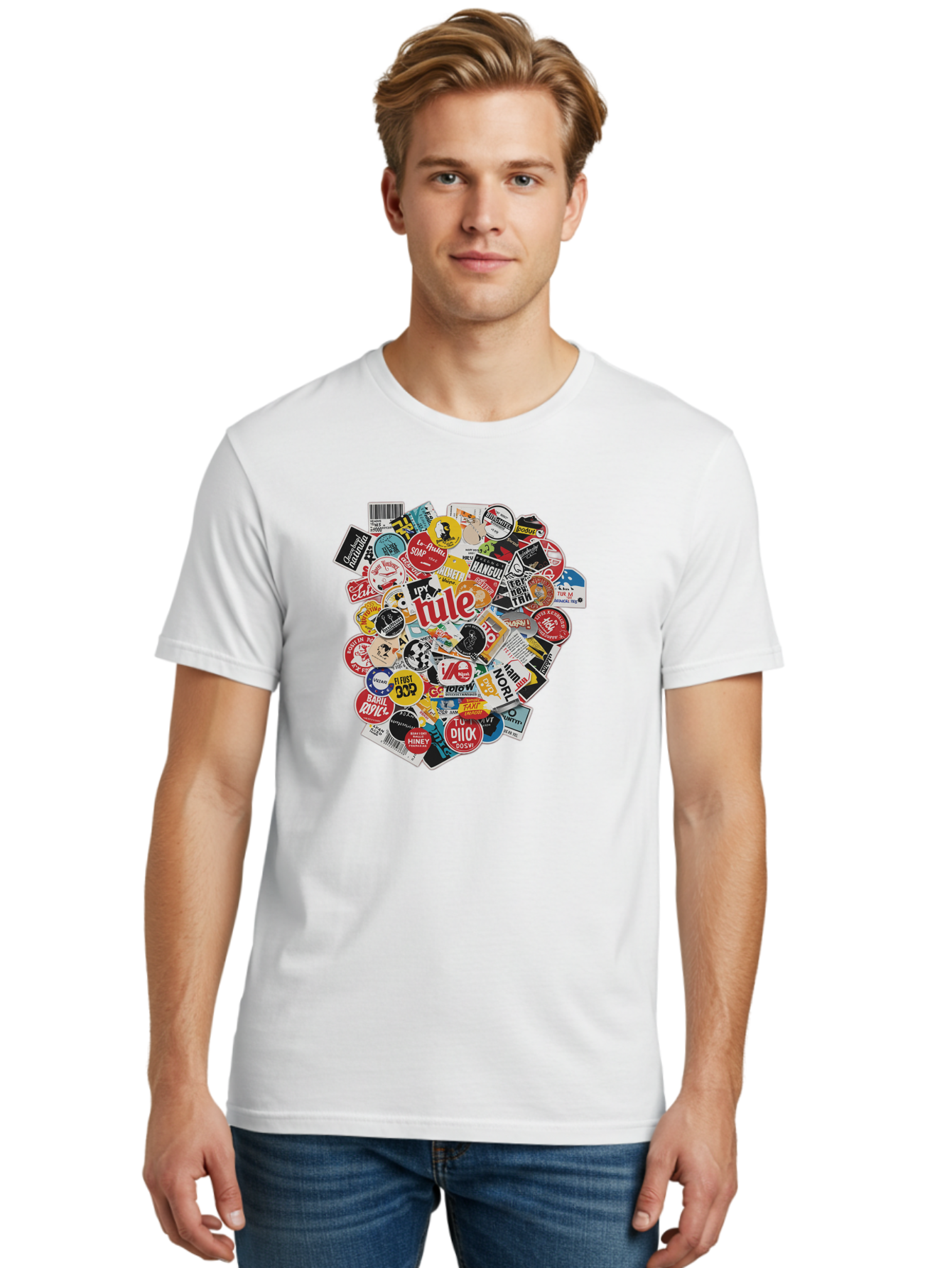 Tule-Sticker-Collage Men'S Graphic Tee, 100% Cotton, Comfortable Casual Summer Wear, Machine Washable, Sticker Collection, Vinyl Stickers, Label Art, Diverse Designs, Quirky Graphics, Bold Typography, Eclectic Mix, Logos, Branding, Decals, Bad868