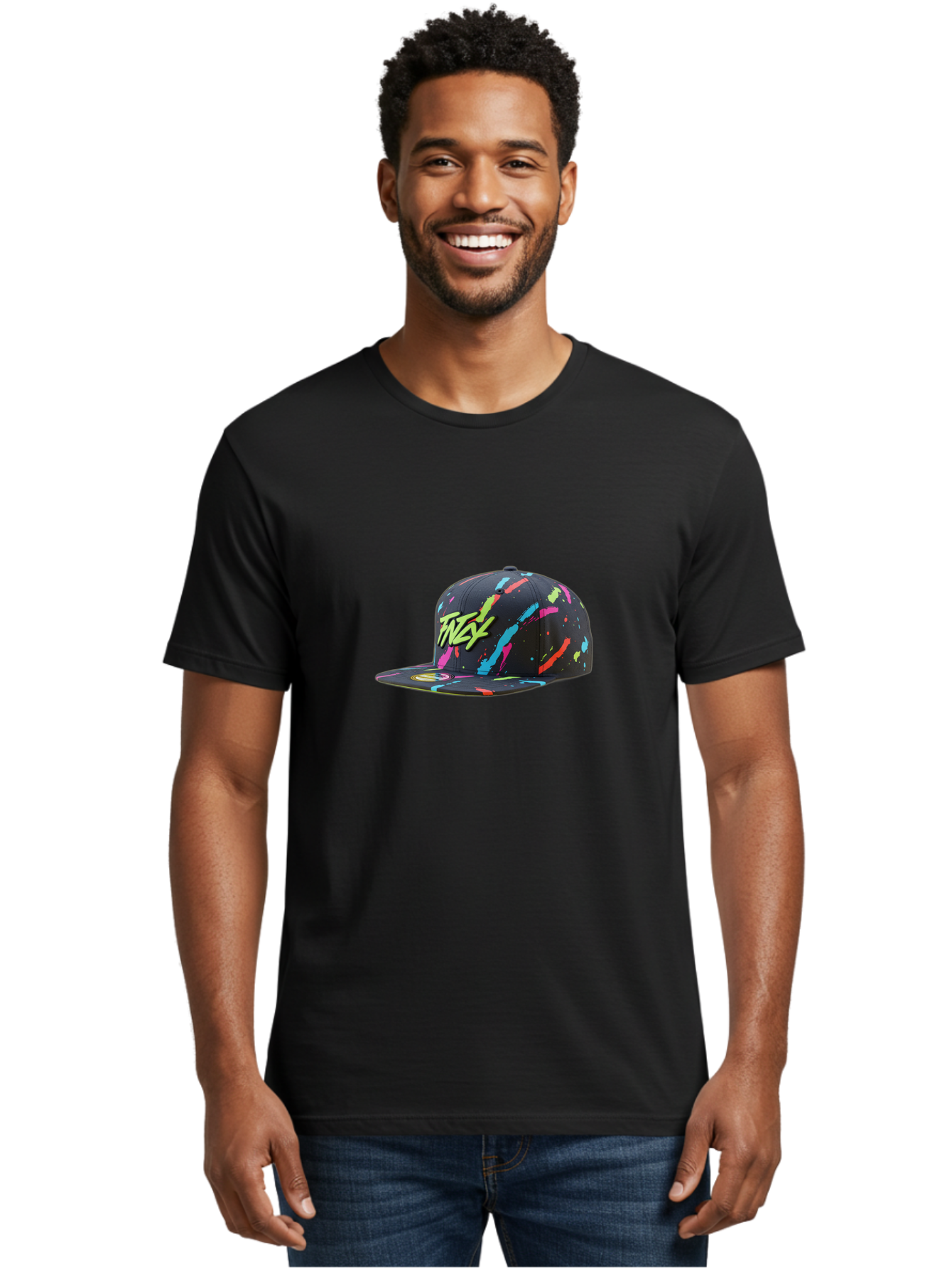 Twst-Baseball-Cap Men'S Graphic Tee, 100% Cotton, Comfortable Casual Summer Wear, Machine Washable, Graffiti Style Cap, Streetwear Fashion, Urban Clothing, Colorful Splatters, Trendy Accessories, Casual Wear, Flex Logo Bad870