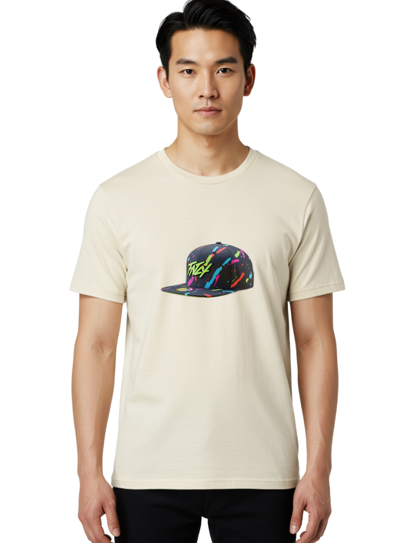 Twst-Baseball-Cap Men'S Graphic Tee, 100% Cotton, Comfortable Casual Summer Wear, Machine Washable, Graffiti Style Cap, Streetwear Fashion, Urban Clothing, Colorful Splatters, Trendy Accessories, Casual Wear, Flex Logo Bad870