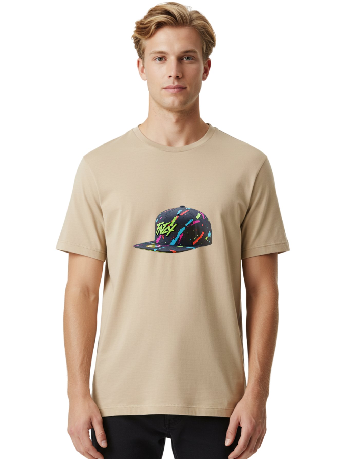 Twst-Baseball-Cap Men'S Graphic Tee, 100% Cotton, Comfortable Casual Summer Wear, Machine Washable, Graffiti Style Cap, Streetwear Fashion, Urban Clothing, Colorful Splatters, Trendy Accessories, Casual Wear, Flex Logo Bad870