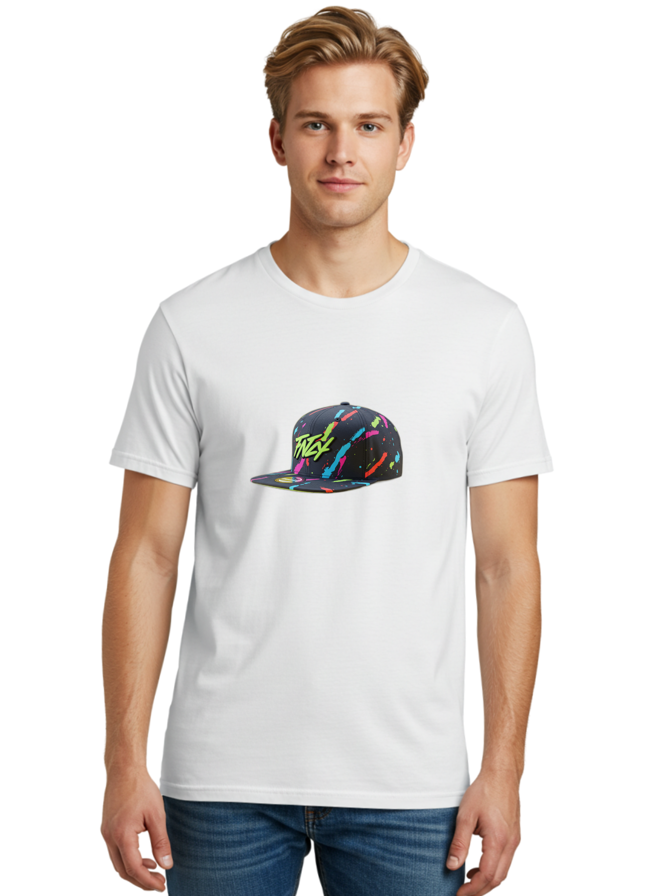 Twst-Baseball-Cap Men'S Graphic Tee, 100% Cotton, Comfortable Casual Summer Wear, Machine Washable, Graffiti Style Cap, Streetwear Fashion, Urban Clothing, Colorful Splatters, Trendy Accessories, Casual Wear, Flex Logo Bad870