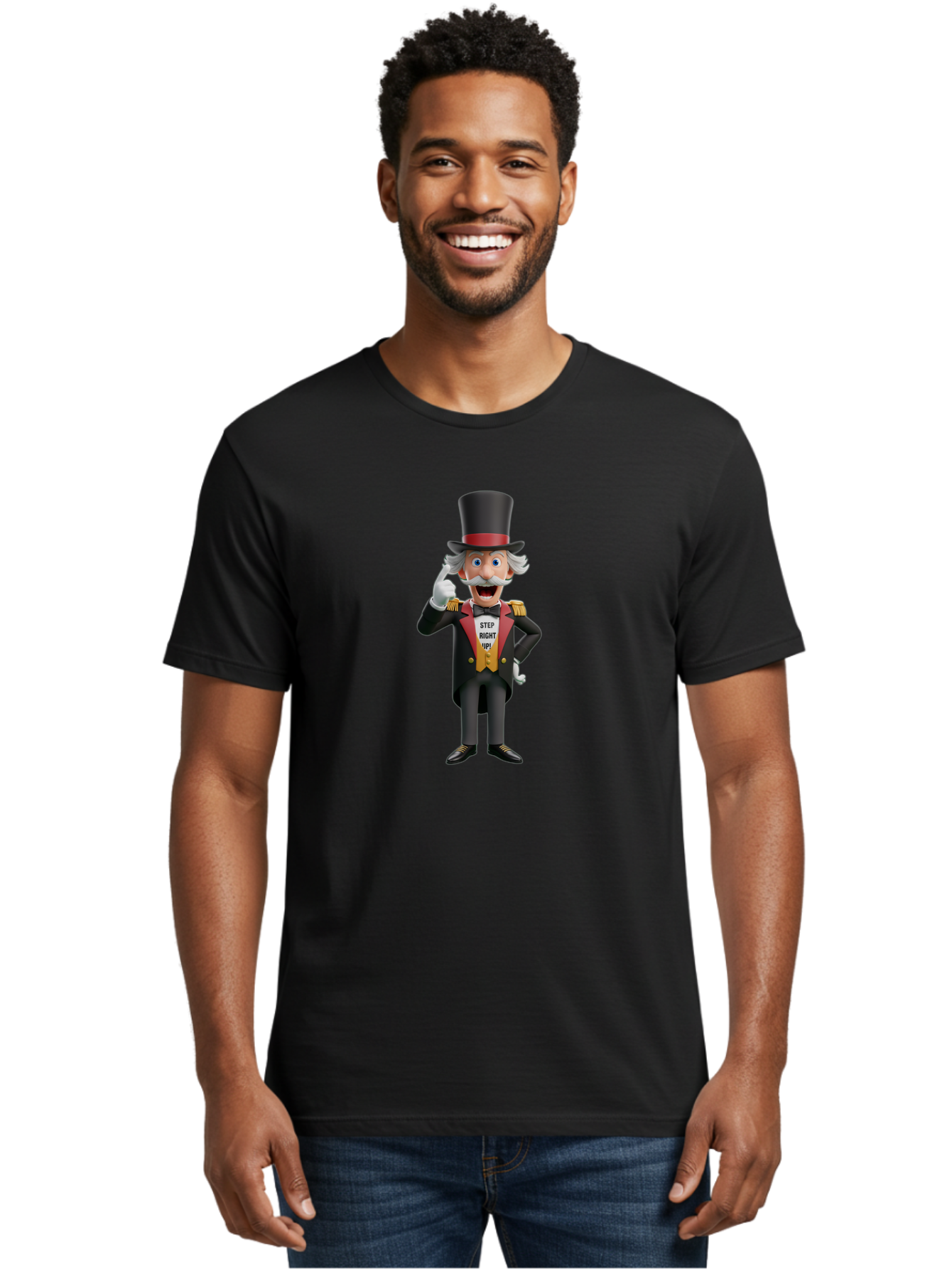 Uncle-Sam Men'S Graphic Tee, 100% Cotton, Comfortable Casual Summer Wear, Machine Washable, Uncle Sam Illustration, Cartoon Character, Usa Symbol, Patriotic Figure, Step Right Up!, Top Hat, White Gloves, Formal Attire, Vintage Style, Bad871