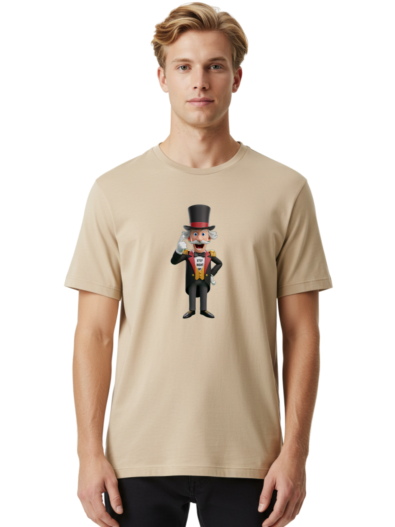 Uncle-Sam Men'S Graphic Tee, 100% Cotton, Comfortable Casual Summer Wear, Machine Washable, Uncle Sam Illustration, Cartoon Character, Usa Symbol, Patriotic Figure, Step Right Up!, Top Hat, White Gloves, Formal Attire, Vintage Style, Bad871