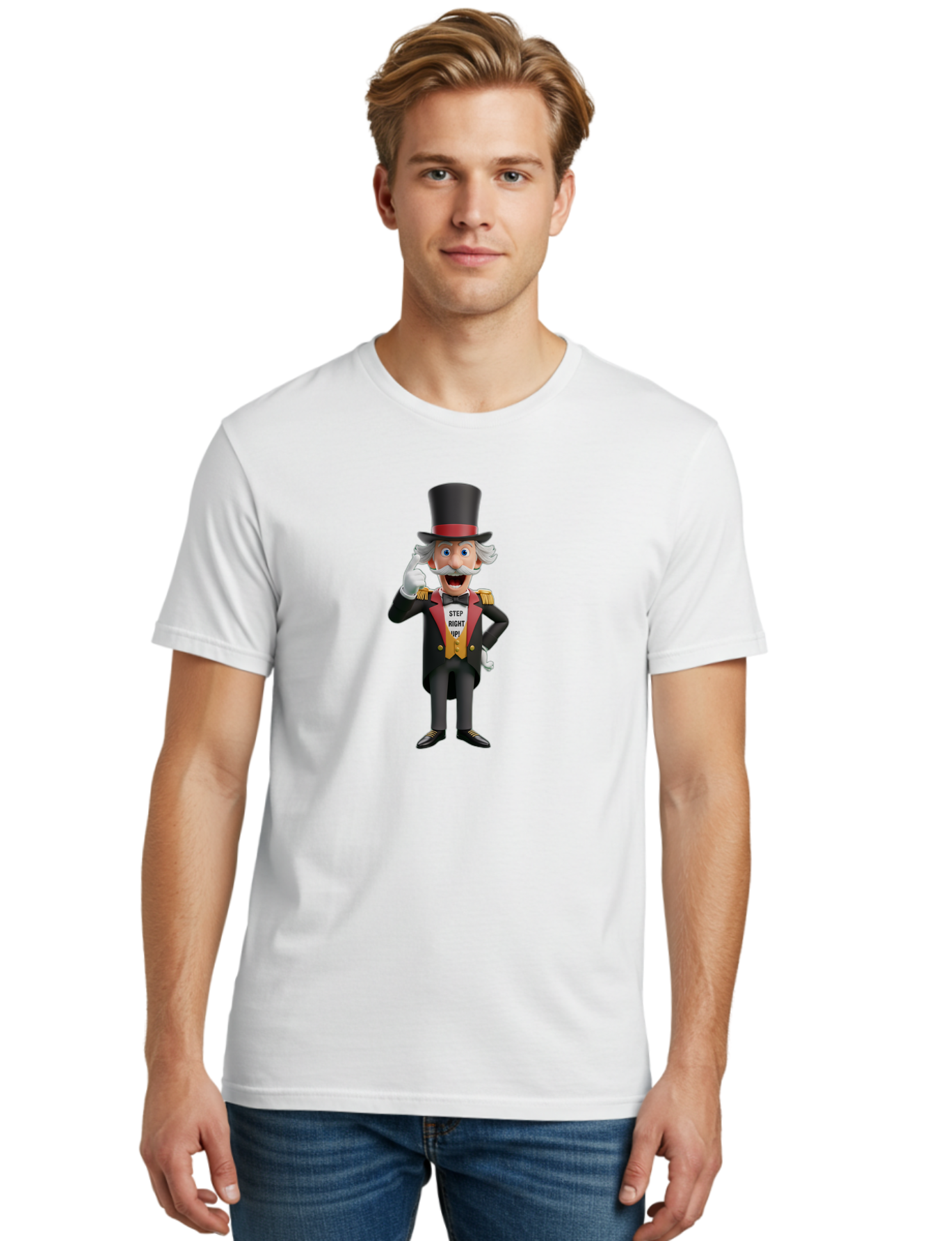 Uncle-Sam Men'S Graphic Tee, 100% Cotton, Comfortable Casual Summer Wear, Machine Washable, Uncle Sam Illustration, Cartoon Character, Usa Symbol, Patriotic Figure, Step Right Up!, Top Hat, White Gloves, Formal Attire, Vintage Style, Bad871