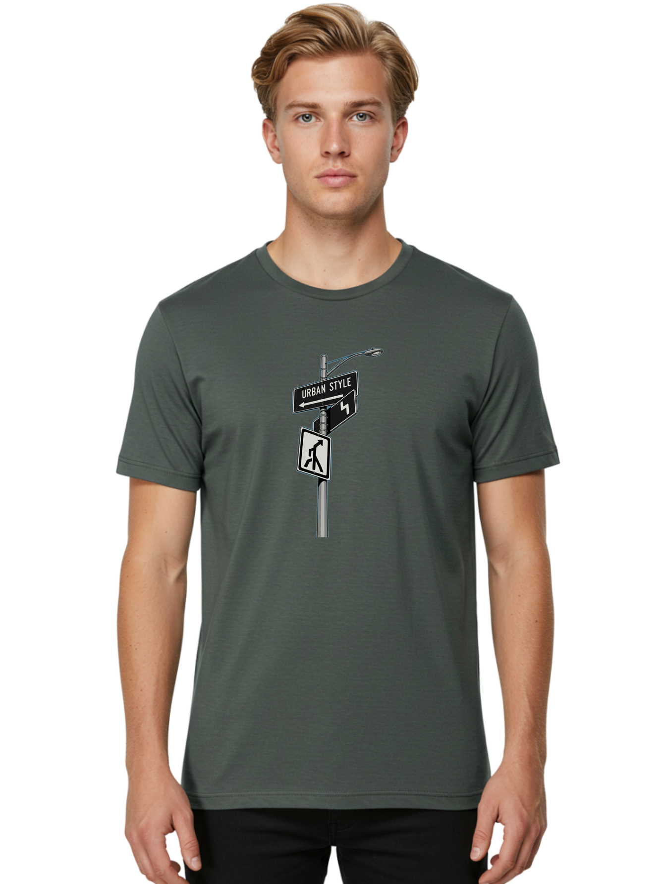 Urban-Style-5 Men'S Graphic Tee, 100% Cotton, Comfortable Casual Summer Wear, Machine Washable, Street Signs, Urban Direction, Street Style, Black And White, Directional Signs, City Life, Pedestrian Crossing, Street Lamp Bad876