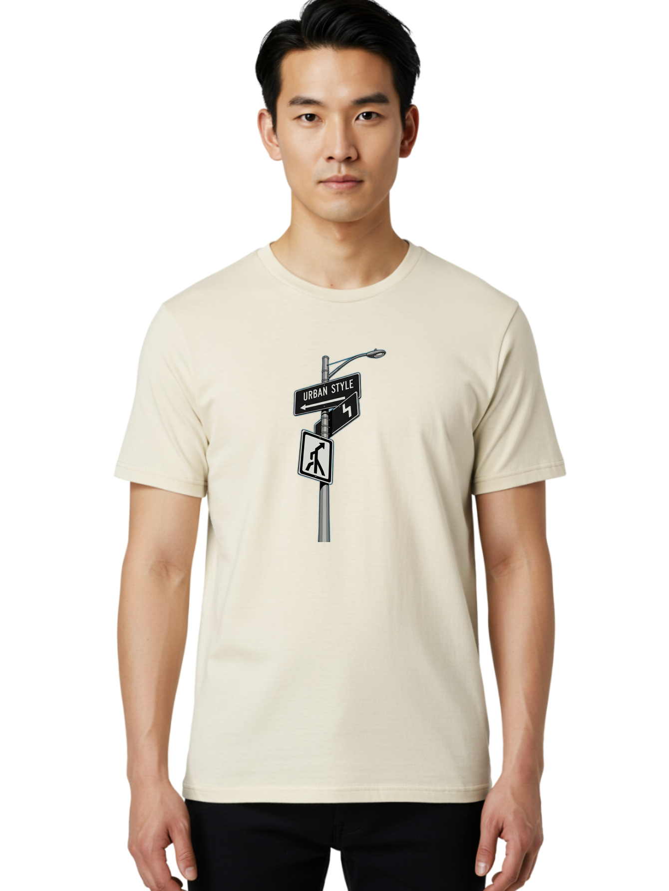 Urban-Style-5 Men'S Graphic Tee, 100% Cotton, Comfortable Casual Summer Wear, Machine Washable, Street Signs, Urban Direction, Street Style, Black And White, Directional Signs, City Life, Pedestrian Crossing, Street Lamp Bad876