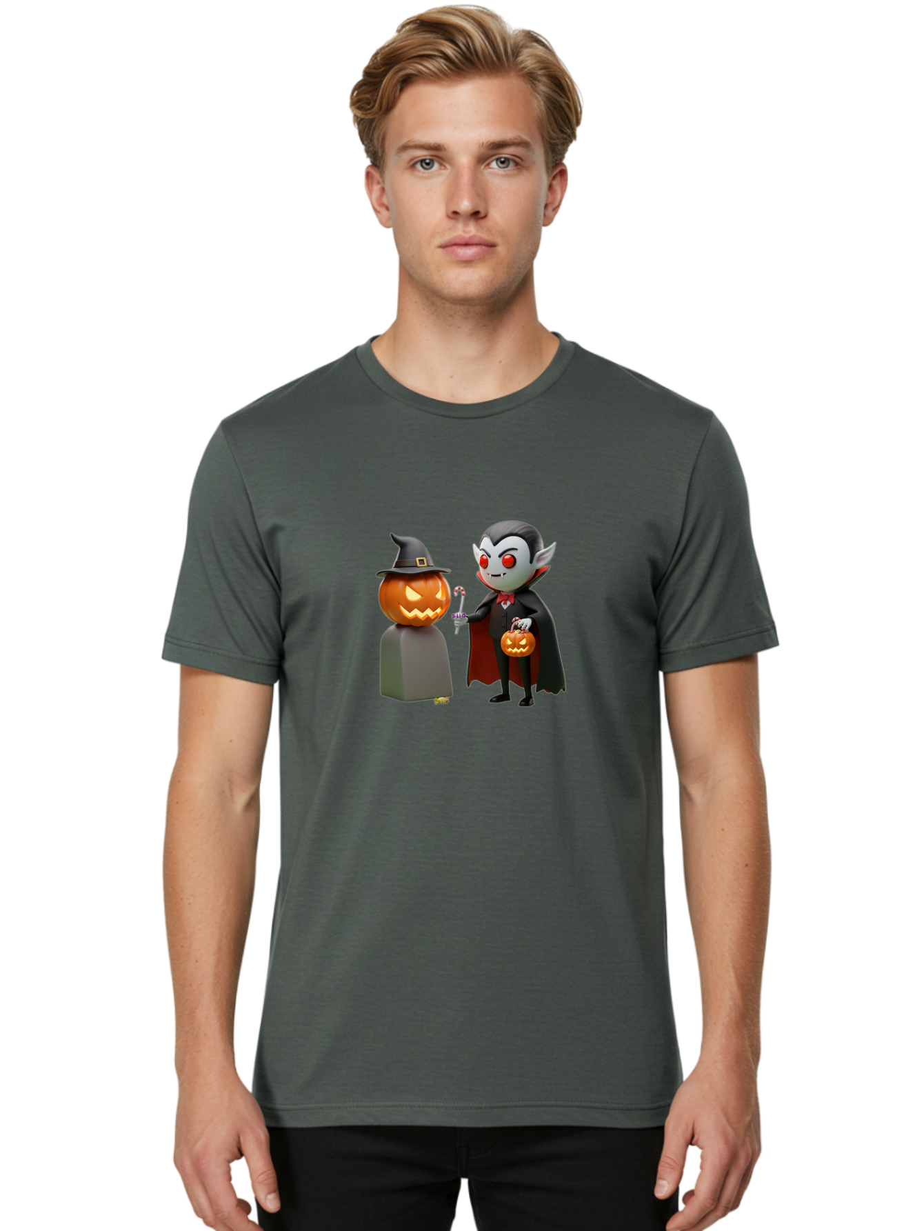 Vampire-And-Jack-O-Lantern Men'S Graphic Tee, 100% Cotton, Comfortable Casual Summer Wear, Machine Washable, Vampire Character, Jack-O-Lantern, Halloween Theme, Cartoon Style, Spooky Atmosphere, 3D Illustration, Trick Or Treat, Gothic, Fantasy Bad879