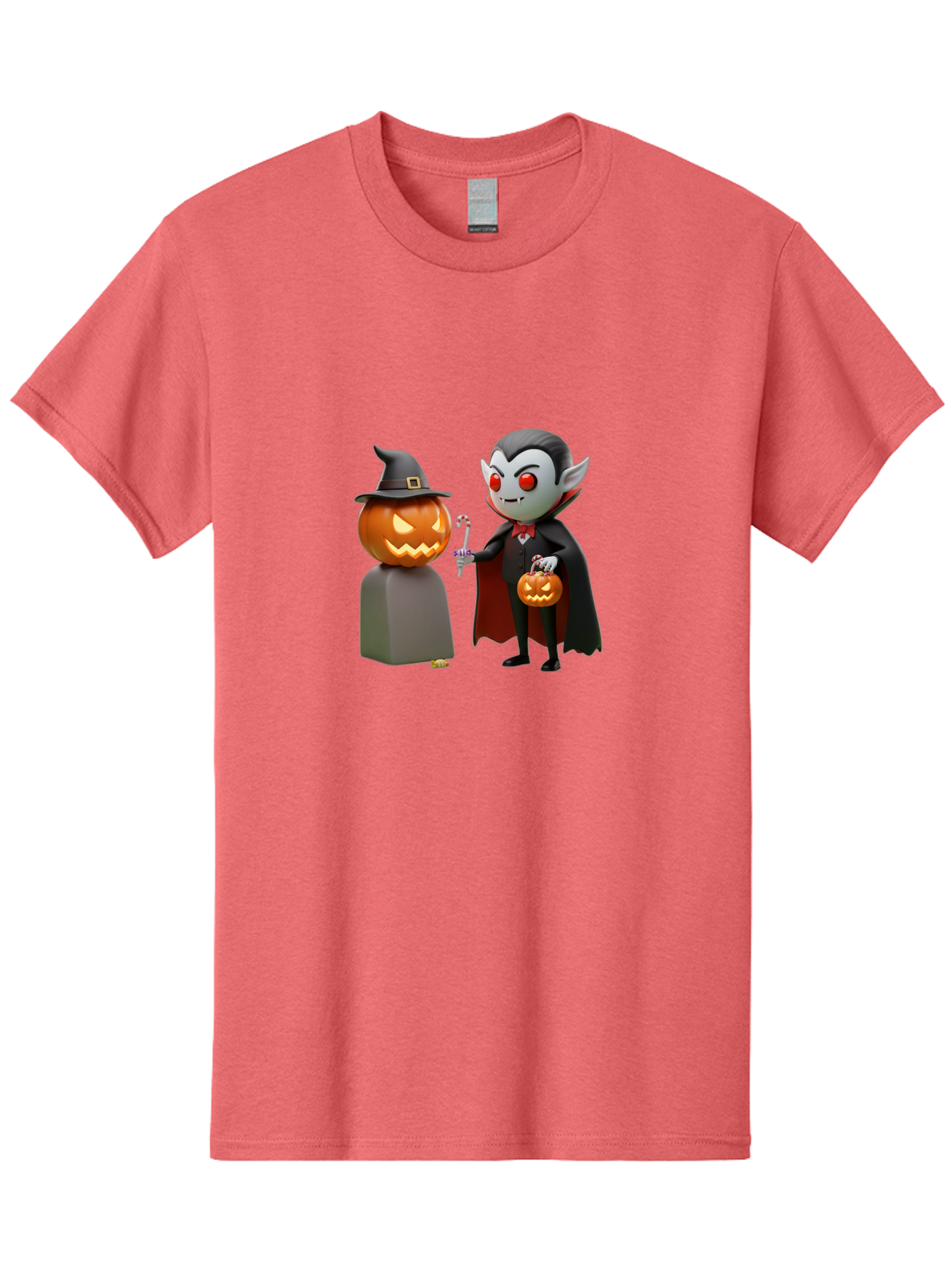 Vampire-And-Jack-O-Lantern Men'S Graphic Tee, 100% Cotton, Comfortable Casual Summer Wear, Machine Washable, Vampire Character, Jack-O-Lantern, Halloween Theme, Cartoon Style, Spooky Atmosphere, 3D Illustration, Trick Or Treat, Gothic, Fantasy Bad879