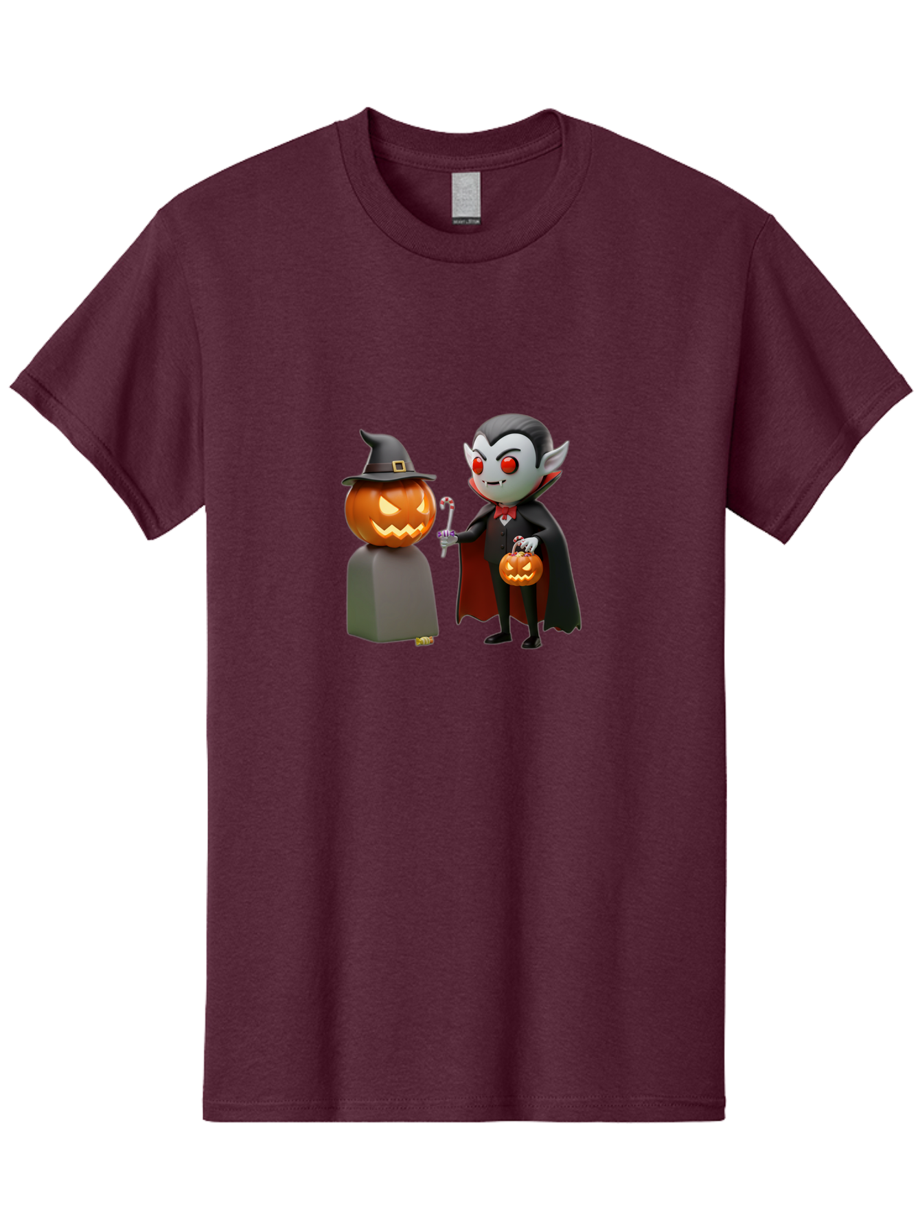 Vampire-And-Jack-O-Lantern Men'S Graphic Tee, 100% Cotton, Comfortable Casual Summer Wear, Machine Washable, Vampire Character, Jack-O-Lantern, Halloween Theme, Cartoon Style, Spooky Atmosphere, 3D Illustration, Trick Or Treat, Gothic, Fantasy Bad879