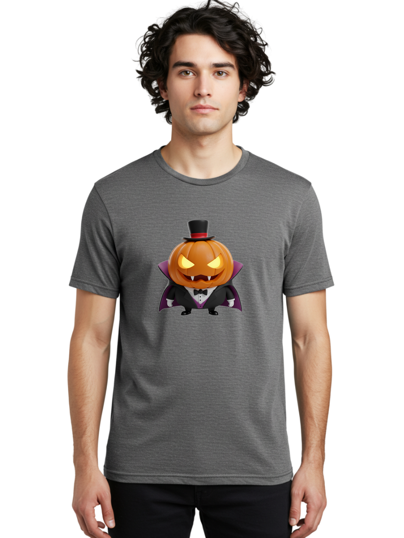 Vampire-Jack-O-Lantern Men'S Graphic Tee, 100% Cotton, Comfortable Casual Summer Wear, Machine Washable, Vampire Jack-O-Lantern, Halloween Character, Cartoon Pumpkin, Fangs, Top Hat, Tuxedo, Cape, Spooky, Halloween Decor, Autumnal Theme, Bad880