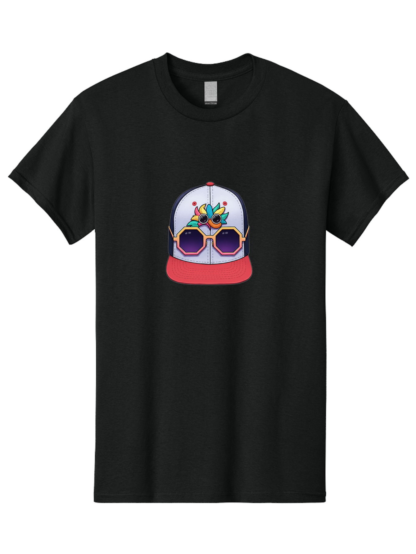Vaporwave-Baseball-Cap Men'S Graphic Tee, 100% Cotton, Comfortable Casual Summer Wear, Machine Washable, Futuristic Baseball Cap, Colorful Design, Sunglasses On Hat, Neon Lights, Cyberpunk Style, Futuristic Fashion, Streetwear, Bad883