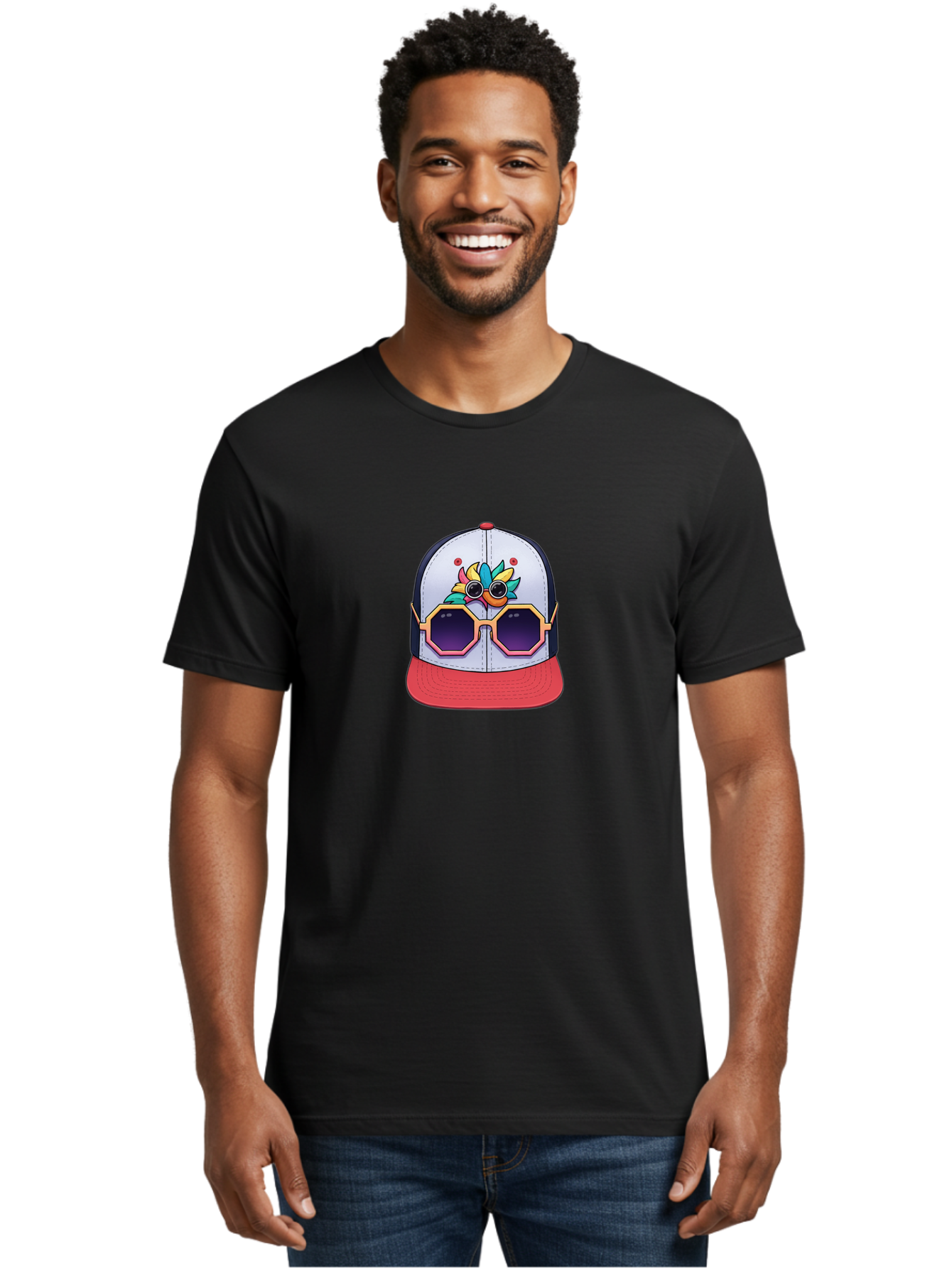 Vaporwave-Baseball-Cap Men'S Graphic Tee, 100% Cotton, Comfortable Casual Summer Wear, Machine Washable, Futuristic Baseball Cap, Colorful Design, Sunglasses On Hat, Neon Lights, Cyberpunk Style, Futuristic Fashion, Streetwear, Bad883