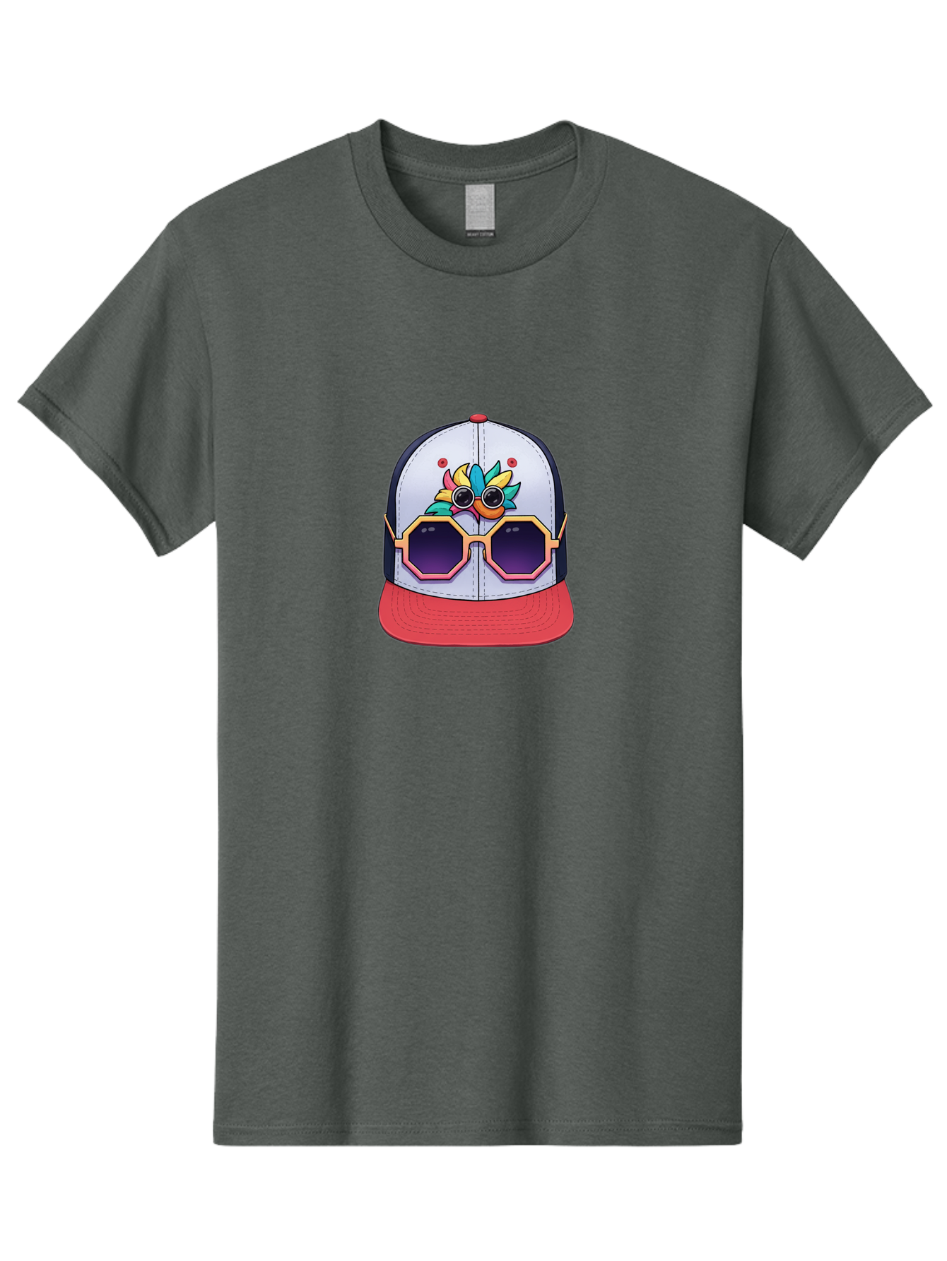 Vaporwave-Baseball-Cap Men'S Graphic Tee, 100% Cotton, Comfortable Casual Summer Wear, Machine Washable, Futuristic Baseball Cap, Colorful Design, Sunglasses On Hat, Neon Lights, Cyberpunk Style, Futuristic Fashion, Streetwear, Bad883