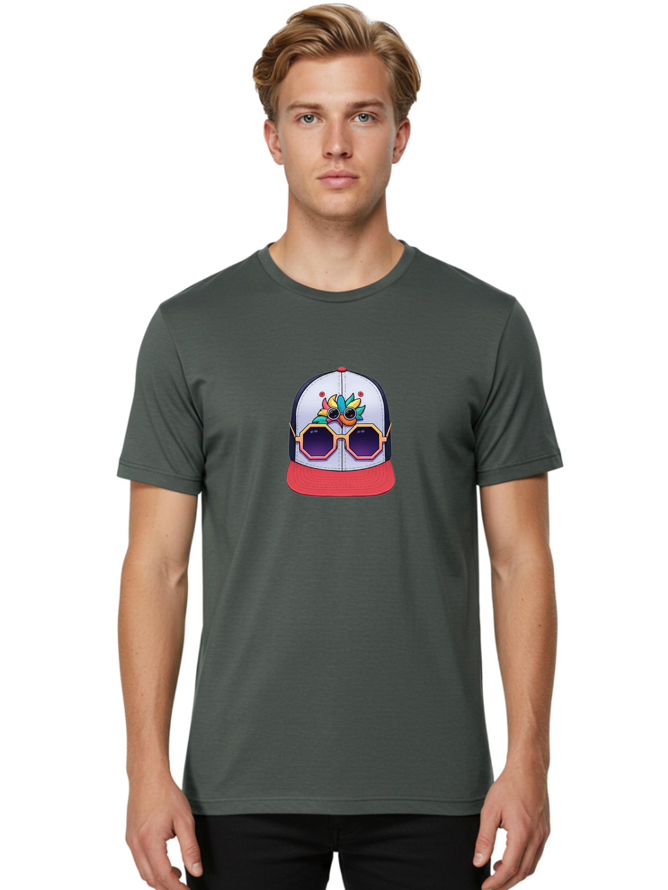 Vaporwave-Baseball-Cap Men'S Graphic Tee, 100% Cotton, Comfortable Casual Summer Wear, Machine Washable, Futuristic Baseball Cap, Colorful Design, Sunglasses On Hat, Neon Lights, Cyberpunk Style, Futuristic Fashion, Streetwear, Bad883