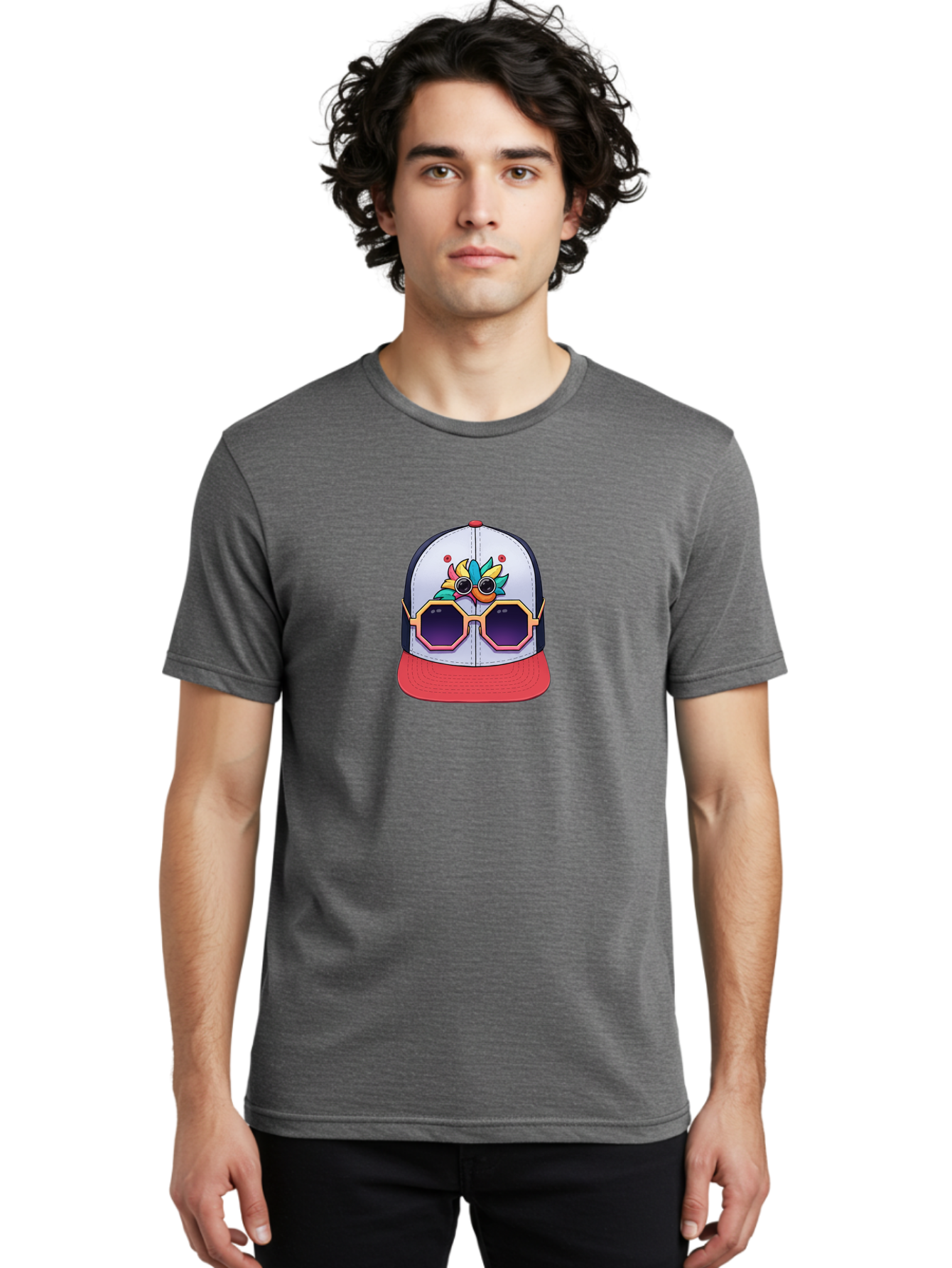 Vaporwave-Baseball-Cap Men'S Graphic Tee, 100% Cotton, Comfortable Casual Summer Wear, Machine Washable, Futuristic Baseball Cap, Colorful Design, Sunglasses On Hat, Neon Lights, Cyberpunk Style, Futuristic Fashion, Streetwear, Bad883