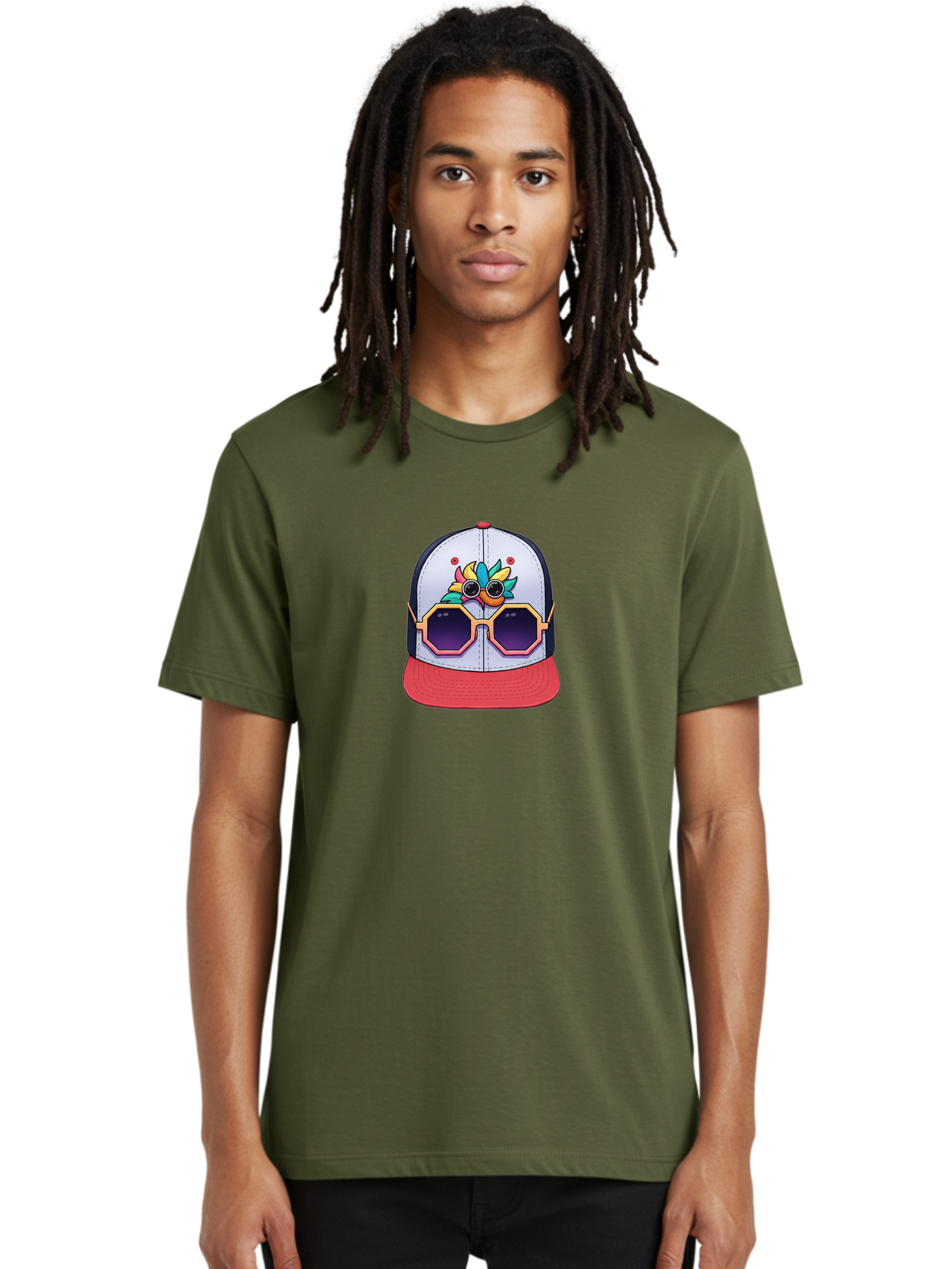 Vaporwave-Baseball-Cap Men'S Graphic Tee, 100% Cotton, Comfortable Casual Summer Wear, Machine Washable, Futuristic Baseball Cap, Colorful Design, Sunglasses On Hat, Neon Lights, Cyberpunk Style, Futuristic Fashion, Streetwear, Bad883