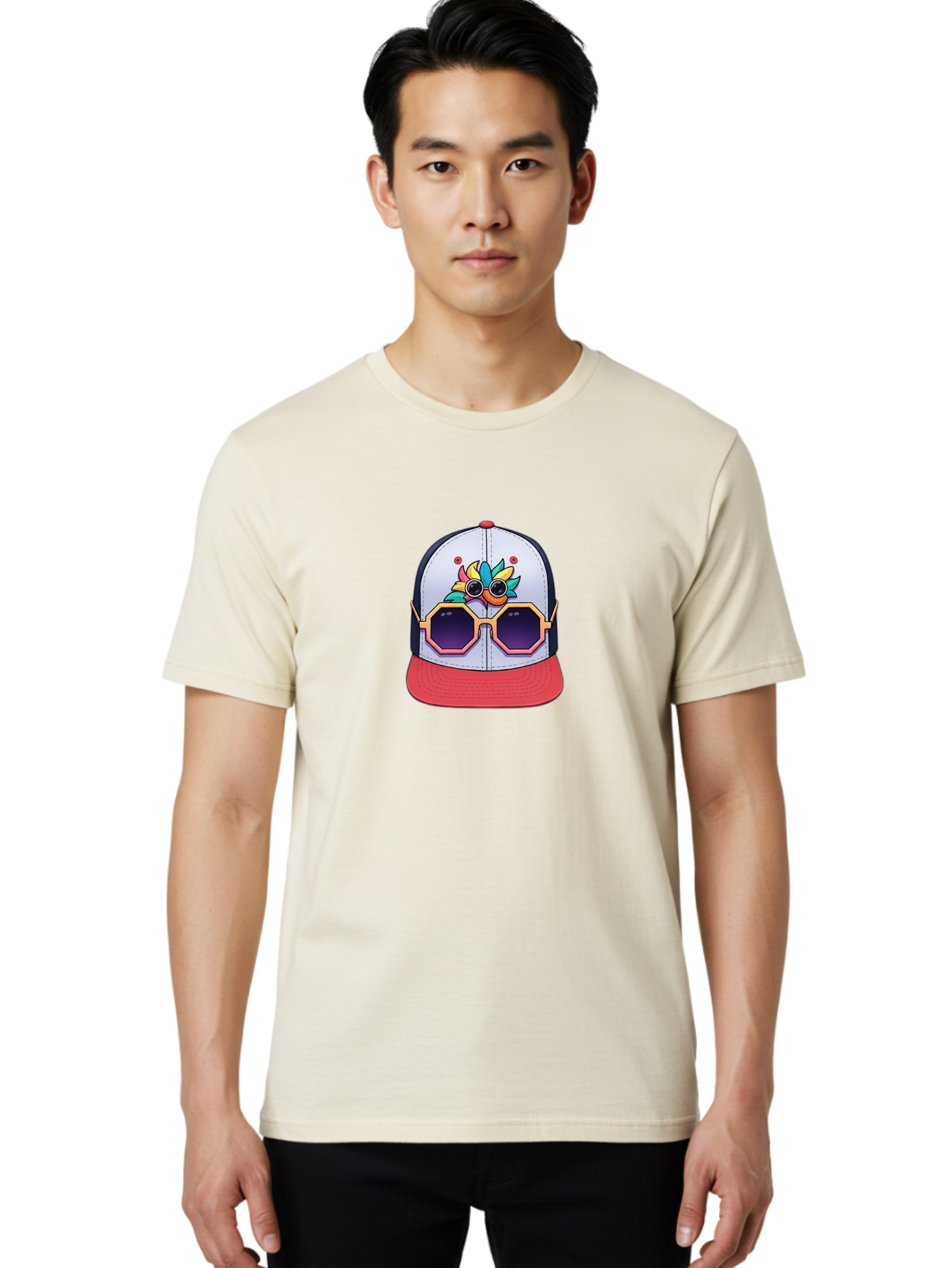 Vaporwave-Baseball-Cap Men'S Graphic Tee, 100% Cotton, Comfortable Casual Summer Wear, Machine Washable, Futuristic Baseball Cap, Colorful Design, Sunglasses On Hat, Neon Lights, Cyberpunk Style, Futuristic Fashion, Streetwear, Bad883