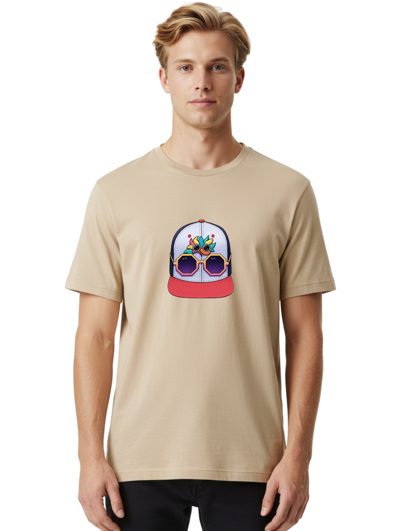 Vaporwave-Baseball-Cap Men'S Graphic Tee, 100% Cotton, Comfortable Casual Summer Wear, Machine Washable, Futuristic Baseball Cap, Colorful Design, Sunglasses On Hat, Neon Lights, Cyberpunk Style, Futuristic Fashion, Streetwear, Bad883