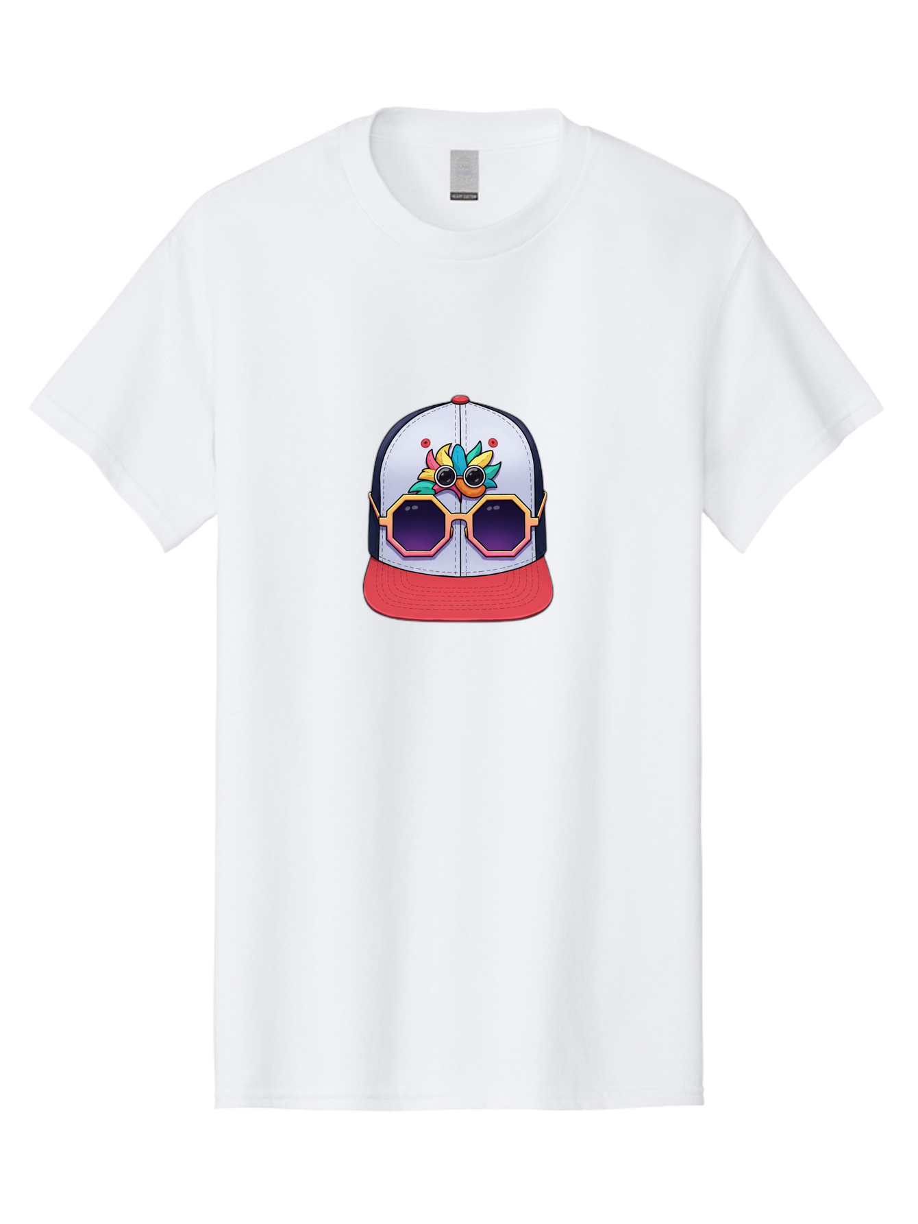 Vaporwave-Baseball-Cap Men'S Graphic Tee, 100% Cotton, Comfortable Casual Summer Wear, Machine Washable, Futuristic Baseball Cap, Colorful Design, Sunglasses On Hat, Neon Lights, Cyberpunk Style, Futuristic Fashion, Streetwear, Bad883