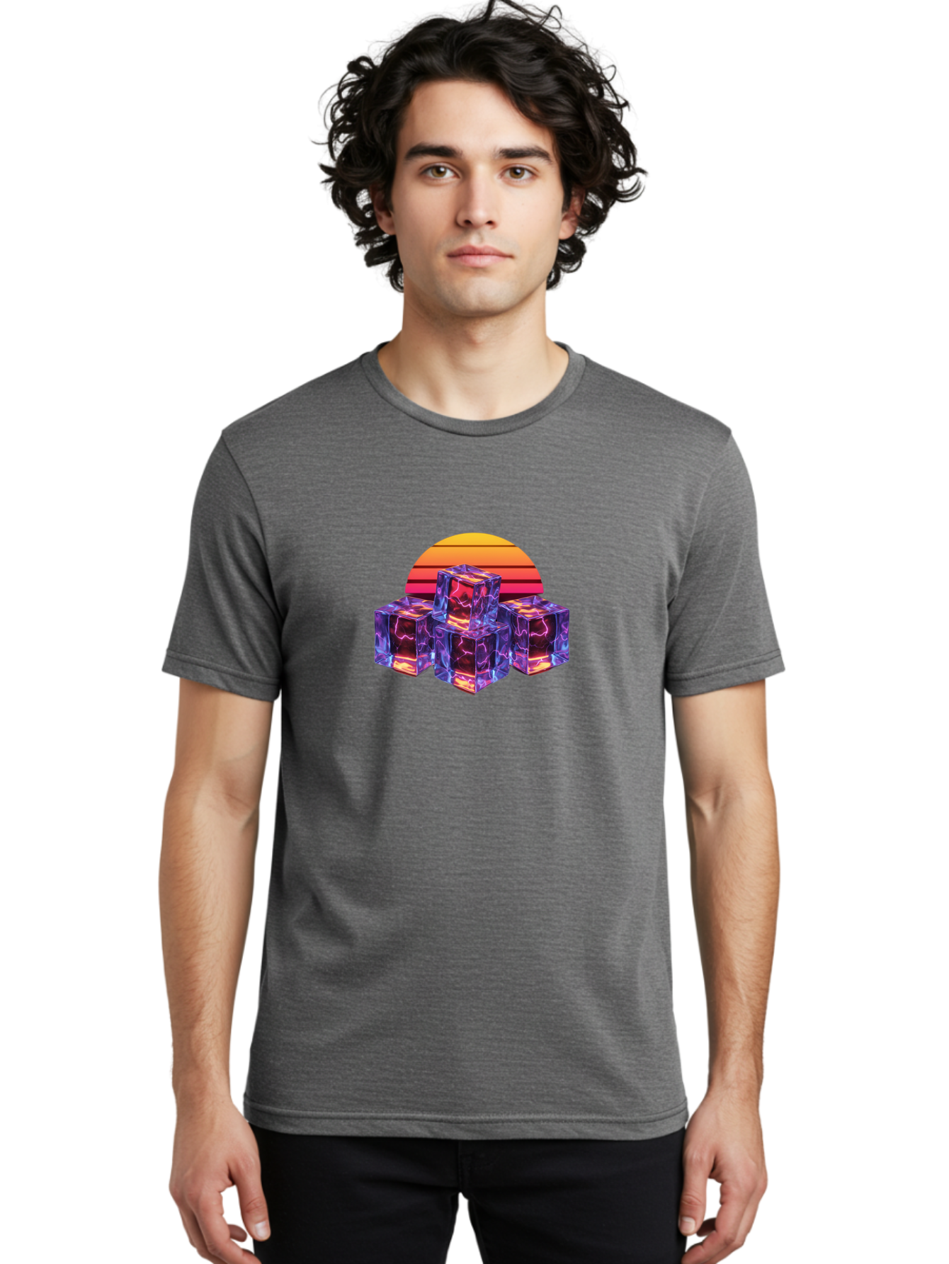 Vaporwave-Cubes Men'S Graphic Tee, 100% Cotton, Comfortable Casual Summer Wear, Machine Washable, Vaporwave Art, Retro Futuristic Style, Neon Lights, Glowing Cubes, 80S Aesthetic, Synthwave, Futuristic Landscape, Retro Colors, Bad884