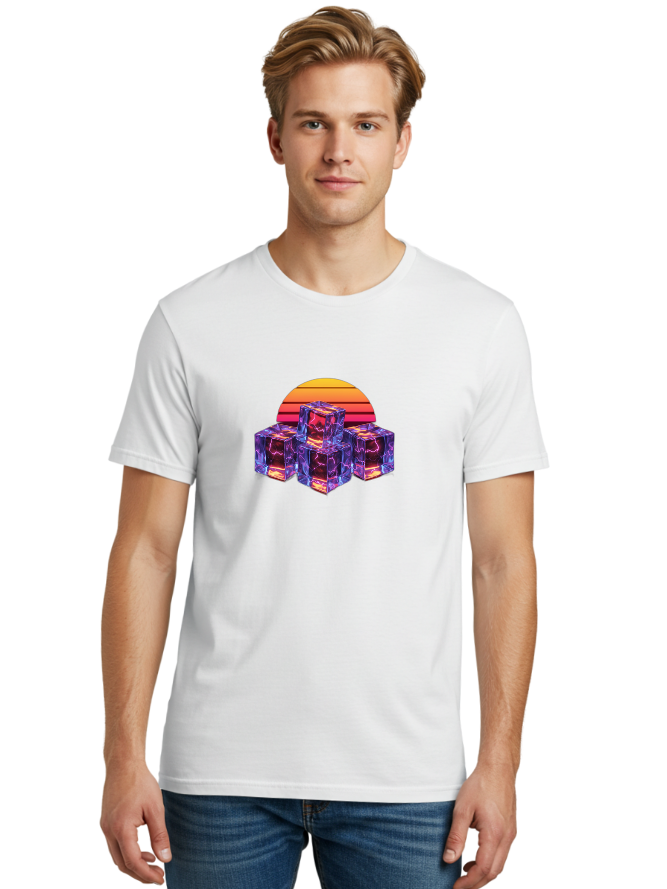 Vaporwave-Cubes Men'S Graphic Tee, 100% Cotton, Comfortable Casual Summer Wear, Machine Washable, Vaporwave Art, Retro Futuristic Style, Neon Lights, Glowing Cubes, 80S Aesthetic, Synthwave, Futuristic Landscape, Retro Colors, Bad884