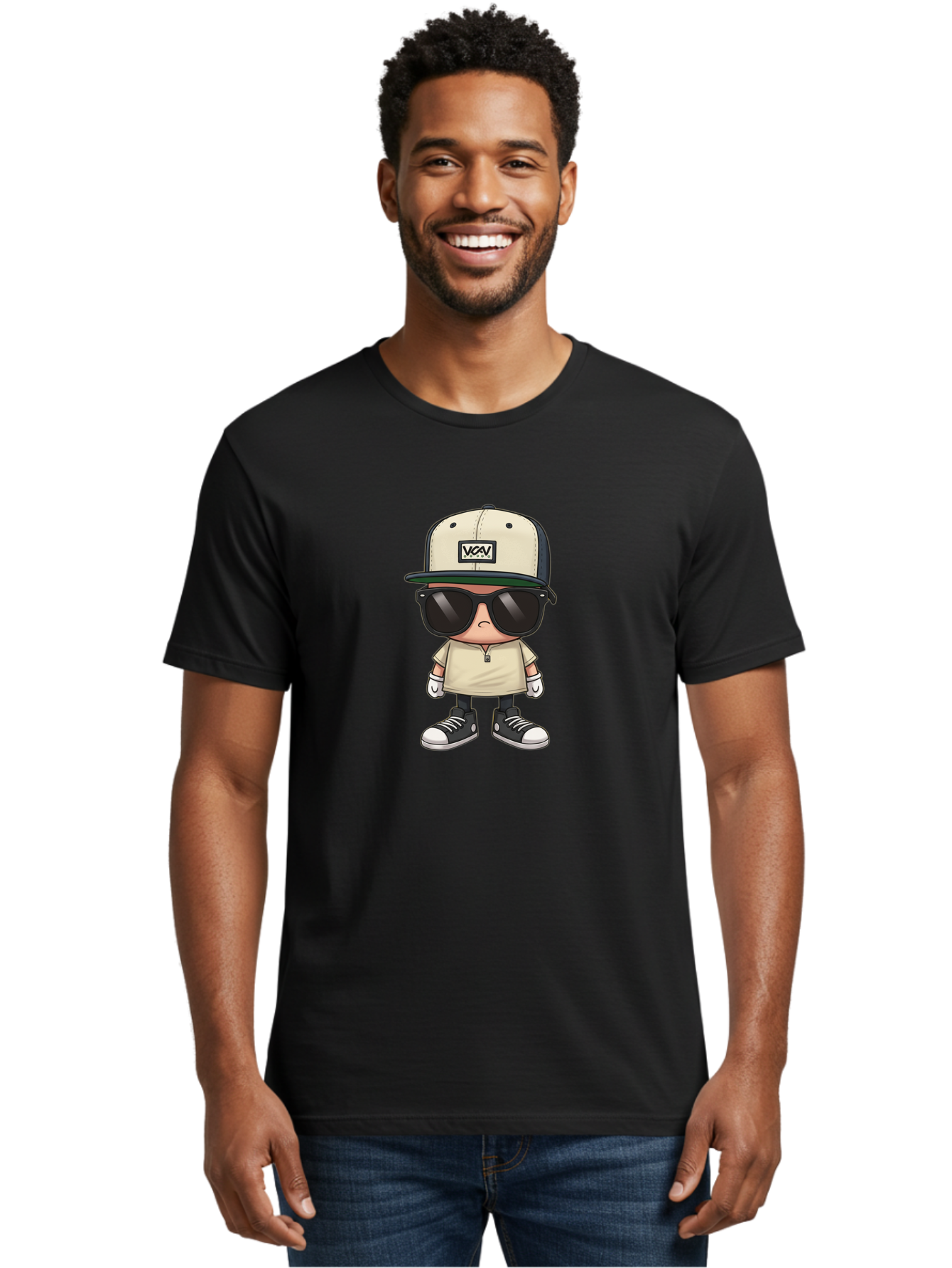 Vca-V-Character Men'S Graphic Tee, 100% Cotton, Comfortable Casual Summer Wear, Machine Washable, Stylish Cartoon Character, Vca Veto Logo, Trendy Clothing, Streetwear Style, Cool Shades, Urban Fashion, Graphic Design, Illustration Art Bad886