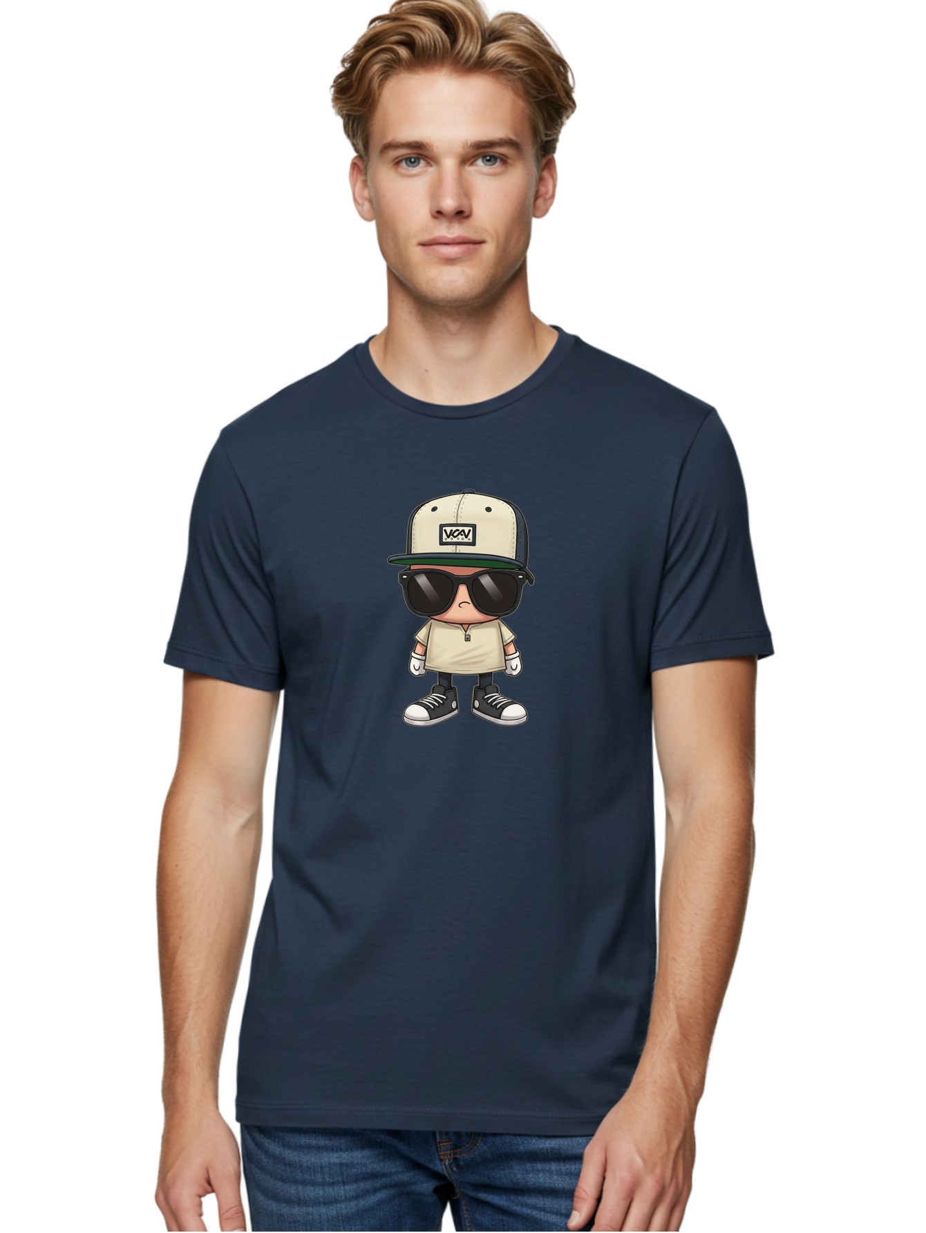 Vca-V-Character Men'S Graphic Tee, 100% Cotton, Comfortable Casual Summer Wear, Machine Washable, Stylish Cartoon Character, Vca Veto Logo, Trendy Clothing, Streetwear Style, Cool Shades, Urban Fashion, Graphic Design, Illustration Art Bad886