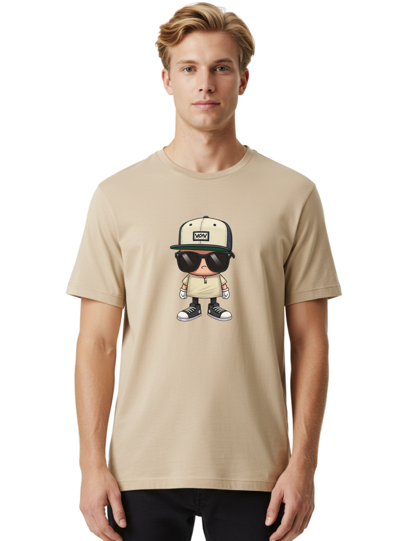 Vca-V-Character Men'S Graphic Tee, 100% Cotton, Comfortable Casual Summer Wear, Machine Washable, Stylish Cartoon Character, Vca Veto Logo, Trendy Clothing, Streetwear Style, Cool Shades, Urban Fashion, Graphic Design, Illustration Art Bad886