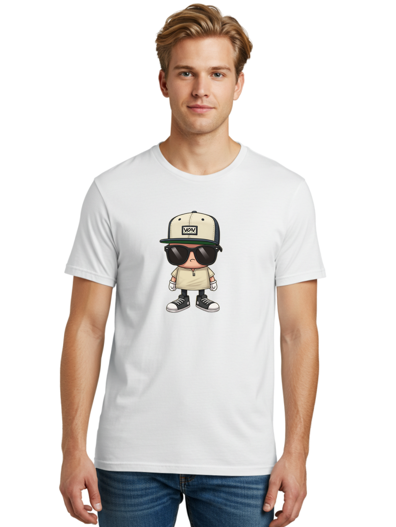 Vca-V-Character Men'S Graphic Tee, 100% Cotton, Comfortable Casual Summer Wear, Machine Washable, Stylish Cartoon Character, Vca Veto Logo, Trendy Clothing, Streetwear Style, Cool Shades, Urban Fashion, Graphic Design, Illustration Art Bad886