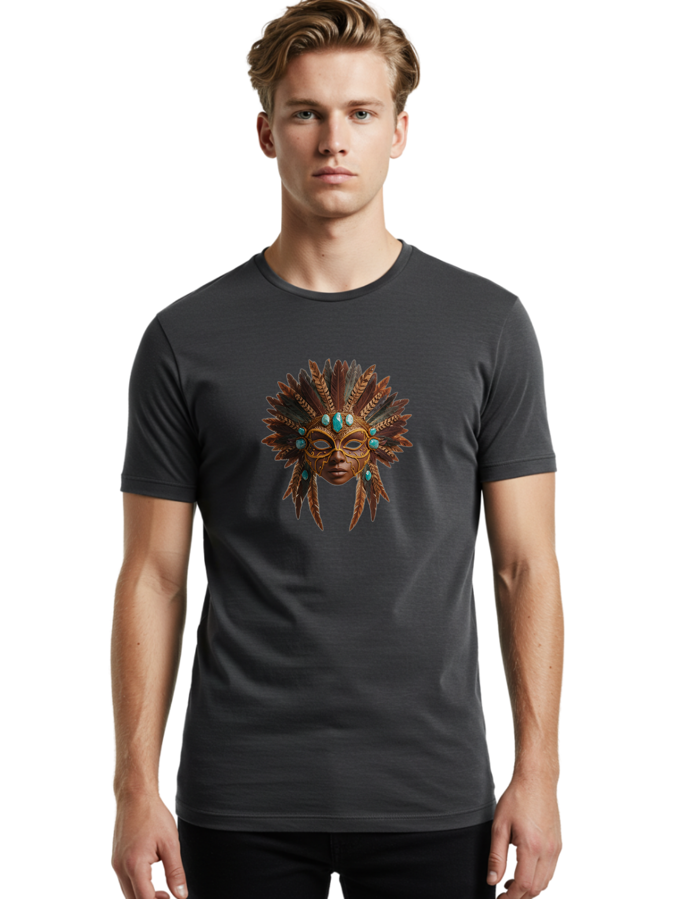 Venetian-Mask-1 Men'S Graphic Tee, 100% Cotton, Comfortable Casual Summer Wear, Machine Washable, Golden Mask, Feathered Headdress, Blue Jewels, Mysterious, Elegant, Luxury, Masquerade, Decorative, Ornate, Intricate Bad888
